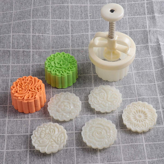 Moon Cake Mold Set Cookie Stamp 5pcs 100g Stamps, Thickness Adjustable DIY Cookie Press Decoration Cake Mold Hand Cutter Set