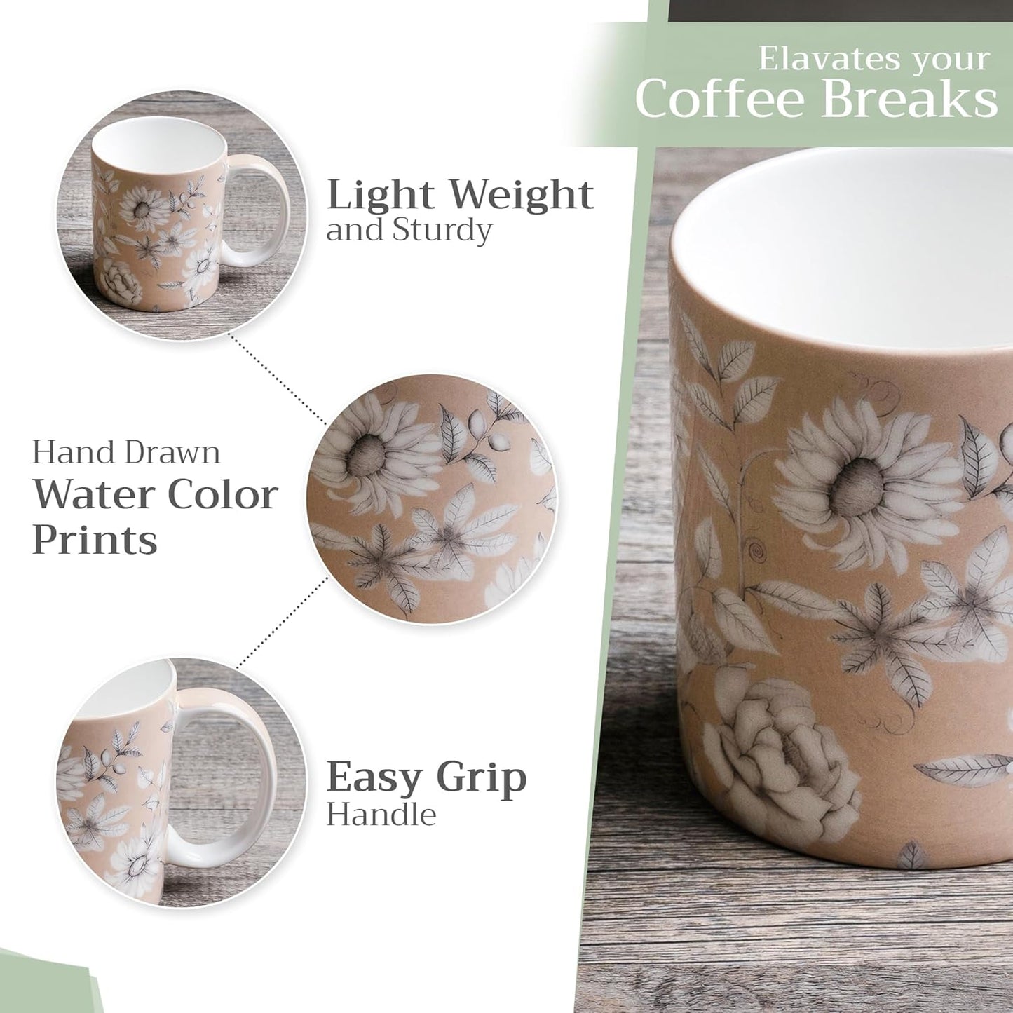 Maison d' Hermine Coffee Mug with Handles Fine Bone China Mugs Pack of One Tea Cups for Hot Beverages Cappuccino Latte Home Restaurant Office Perfect for Gift (Pretty Autumn - Mono Autumn, 15 Ounce)