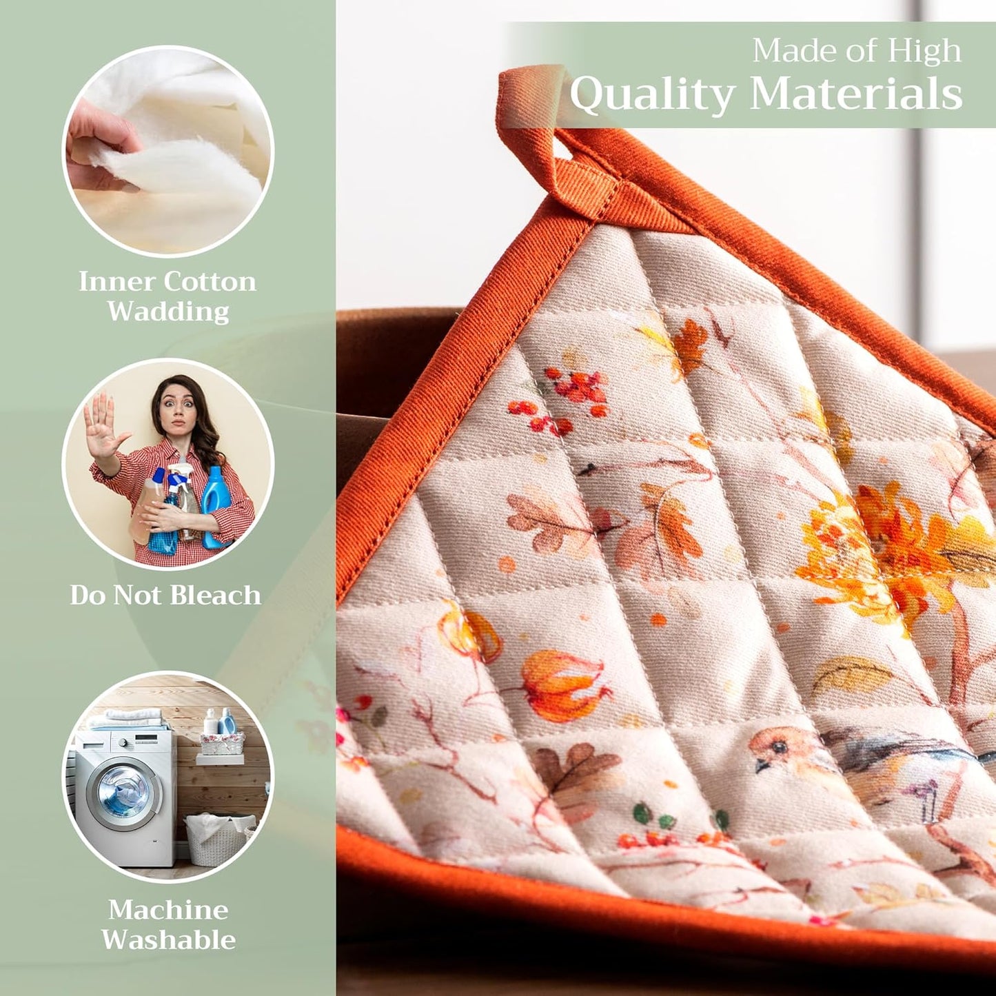 Maison d' Hermine Pot Holders Set 100% Cotton Heat Resistant Potholders 8" x 8" Hot Pads with Loop BBQ, Cooking, Baking, Grilling, Kitchen, Handling Hot Pans (Pack of 2, Kelim - Prairie)