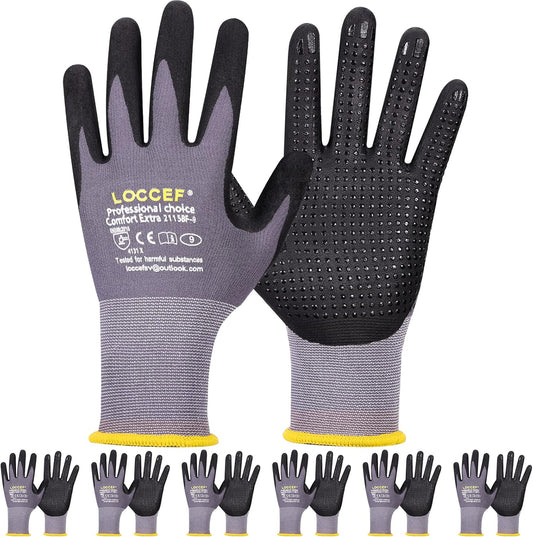 Work Gloves MicroFoam Nitrile Coated-6 Pairs,Endurance Seamless Knit Nylon,Dots on palm,Tacky Dot Grip Gloves