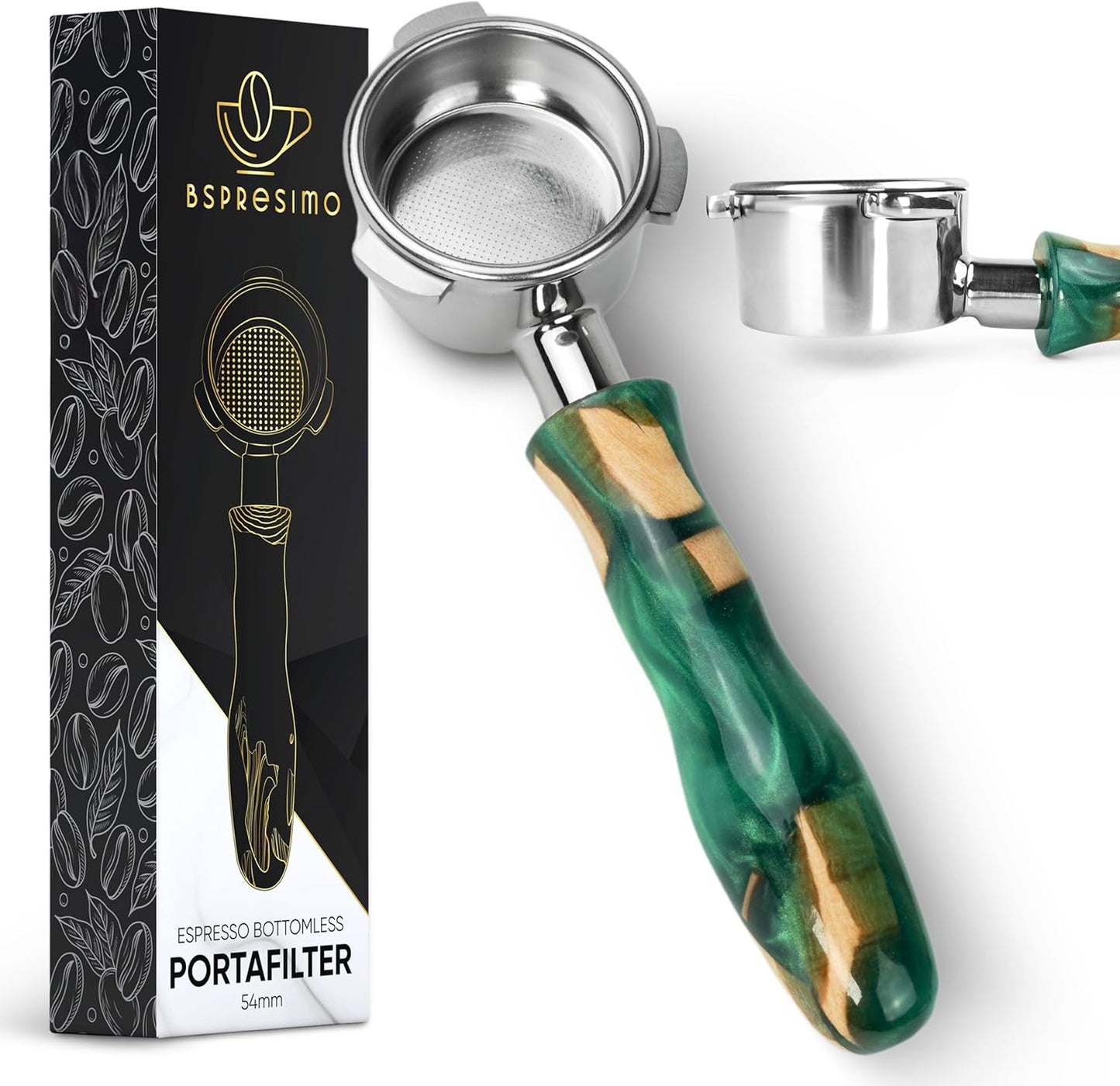 54mm Bottomless Portafilter Modern Handle – Includes Stainless Steel Naked Basket – Fits Breville Barista Express & 54mm Breville Espresso Machines - Espresso Machine Accessories – Green