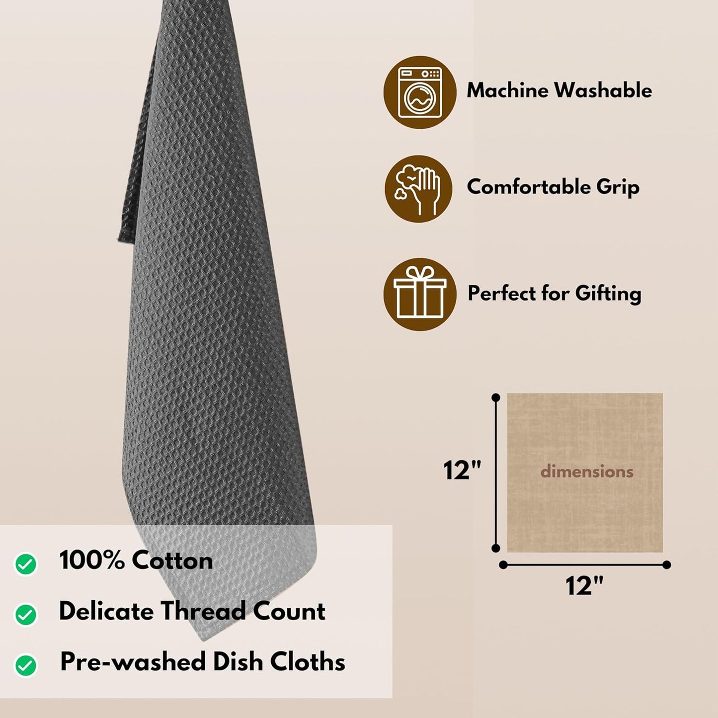 Native Fab Waffle 18 Pack Dish Cloths Set - 100% Cotton, Absorbent, Quick Drying, Washable Towels for Cleaning, Cooking & Baking - Great for Home, Restaurants, Bars & Cafes, 12x12 inches - Grey