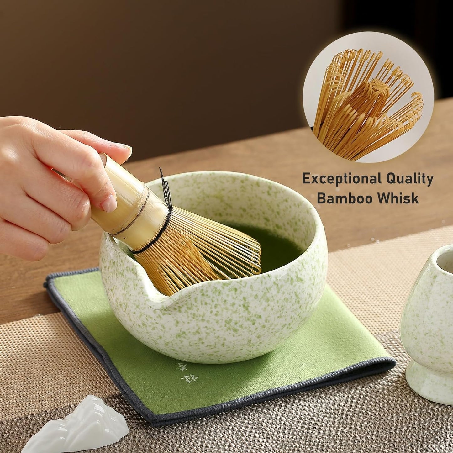 Matcha Whisk Set, Ceramic Matcha Set with Spout, Matcha Bowl Kit with Sifter, Whisk and Holder, Bamboo Scoop, Scoop Rest, Tea Towel, 7 Pcs Matcha Kit Set for Making Breakfast/Latte for Matcha Lovers