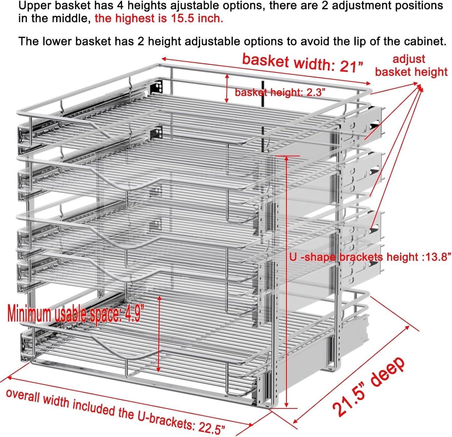 DINDON Pull Out Cabinet Organizer (22-1/2" W x 21-1/2"D), Cabinet Pull Out Shelves, 2 Tier Pull Out Drawers for Kitchen Cabinets, Wire Basket Slide Out Shelf, Pot and Pan Organizer