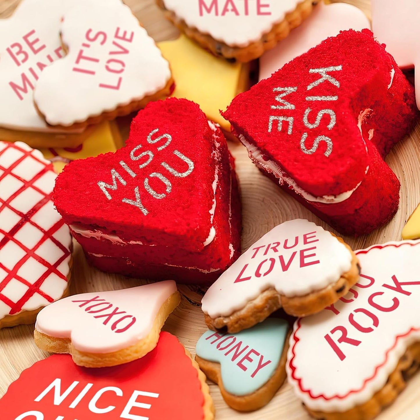 JULBEAR Valentine's Day Cookie Stencils, 36 Pieces Valentine's Conversation Heart Cookie Coffee Stencils for Cookies Baking Coffee Decoration Valentine's Day Party Heart Love Phrase Sign Crafts