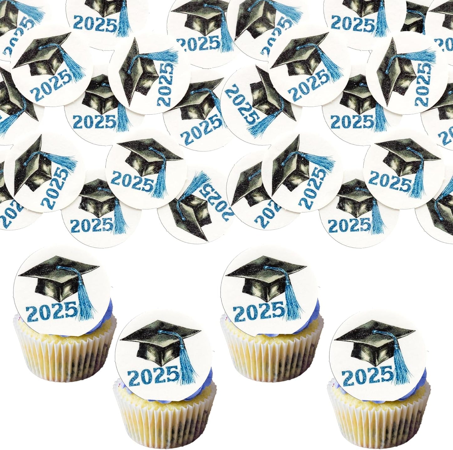 Gyufise 48Pcs Edible 2025 Graduation Cap Cupcake Toppers Wafer Paper Class of 2025 Grad Cap Cupcake Picks for 2025 Graduation Theme Party Cake Decorations Supplies Blue