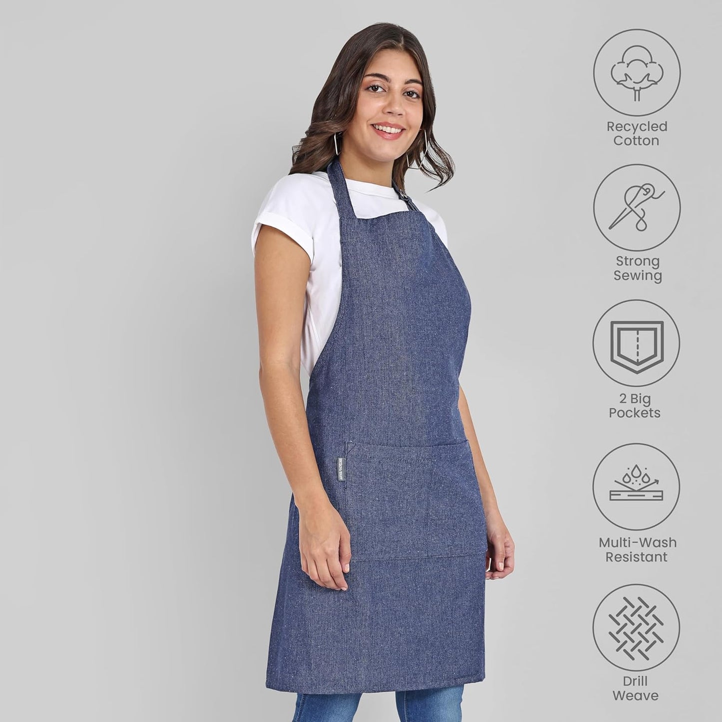 Chef Apron, Recycled Cotton Kitchen Apron with an Adjustable Neck with Long Ties, for cooking, baking