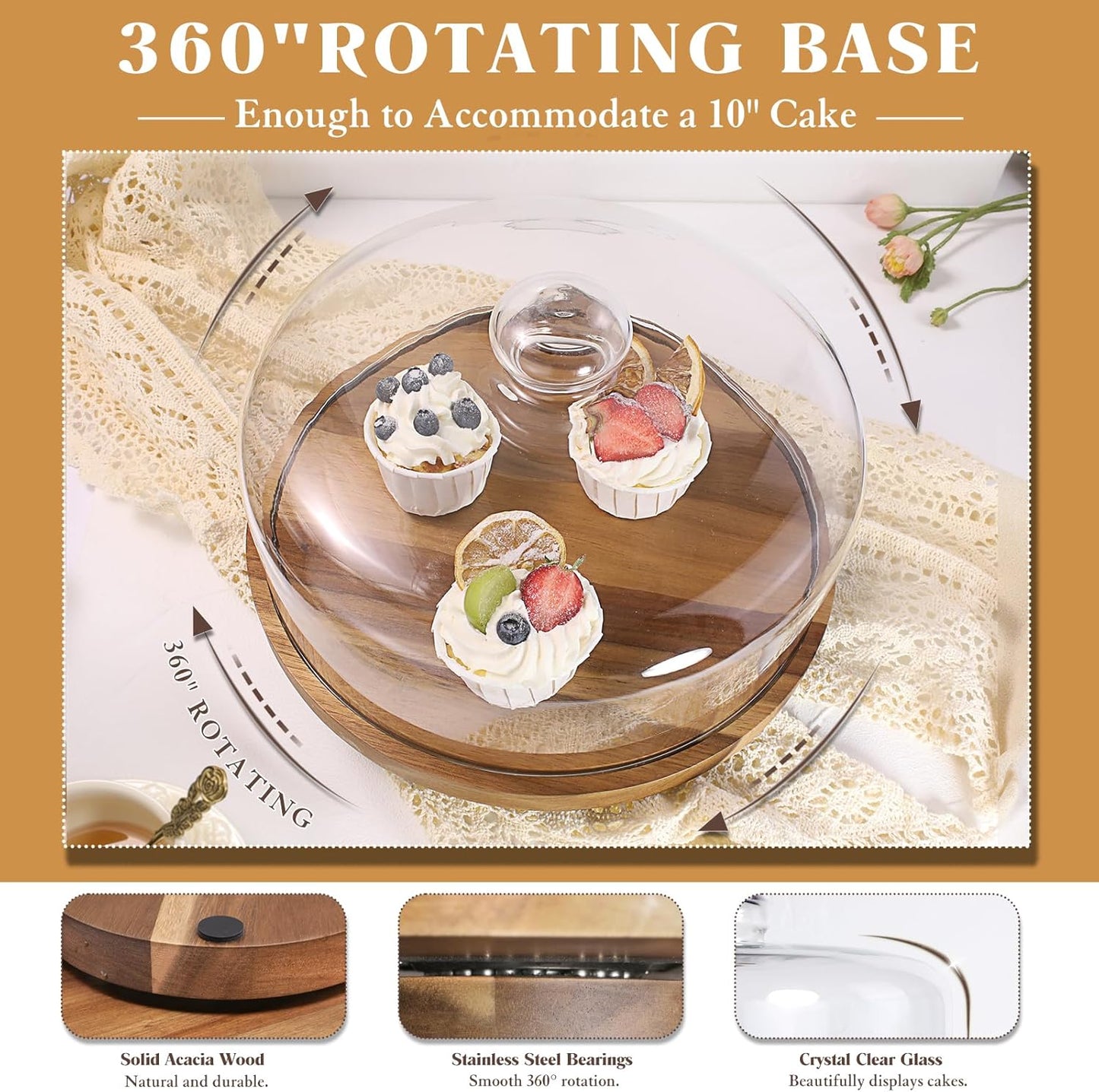 Glass Rotating Cake Stand with Lid - 12" Acacia Wood Cake Plate with Dome, Includes 2 Extra Cake Boards - Cake Holder for Wedding, Birthdays, Kitchen, Party Display, Charcuterie Tray