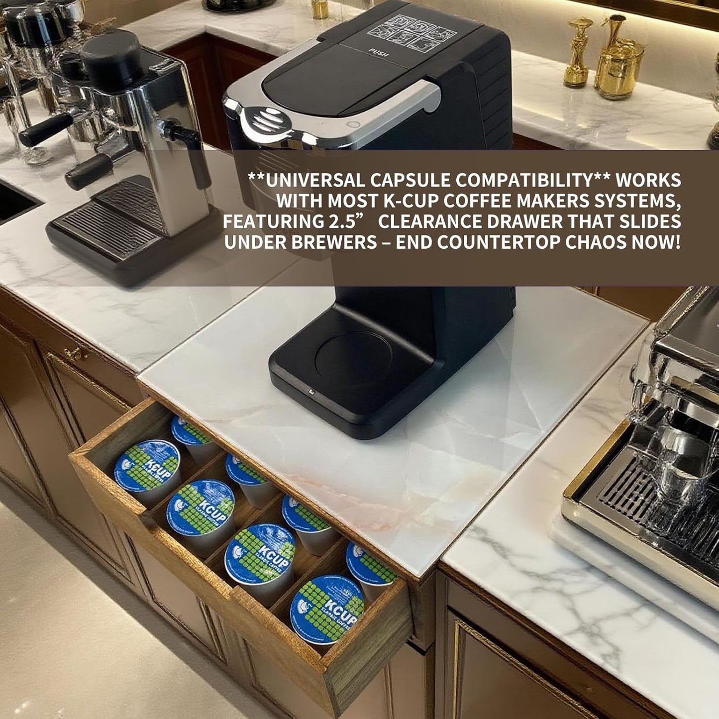 Tempered Glass and Natural Wood Coffee Pod Drawer Organizer - 20 Capsule Multifunctional K Cup Storage | Countertop Coffee Station Organizer for Home/Office (White)