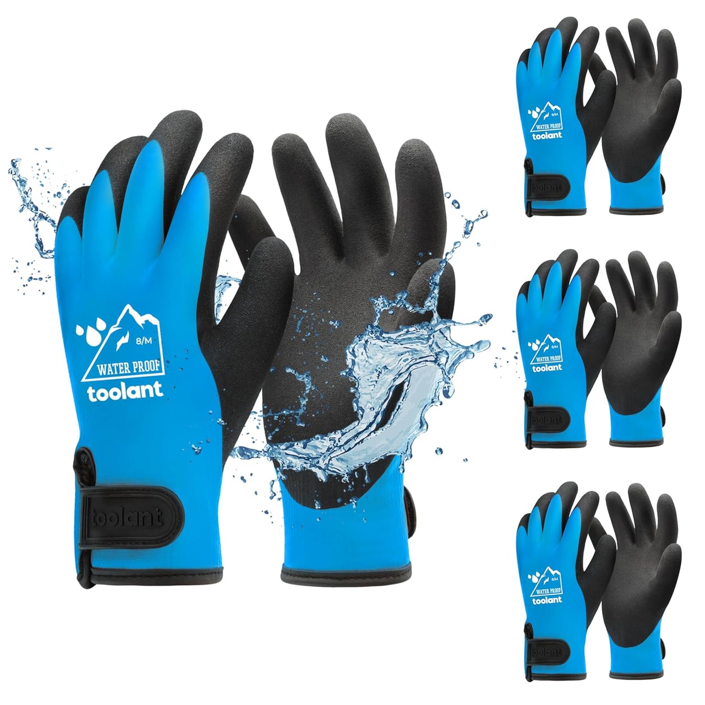 toolant 100% Waterproof Gloves Bulk Pack, 3 Pairs, Winter Work Gloves for Cold Weather, Touchsreen, Warm Freezer Gloves, Thermal Insulated, With Grip, Blue, Medium