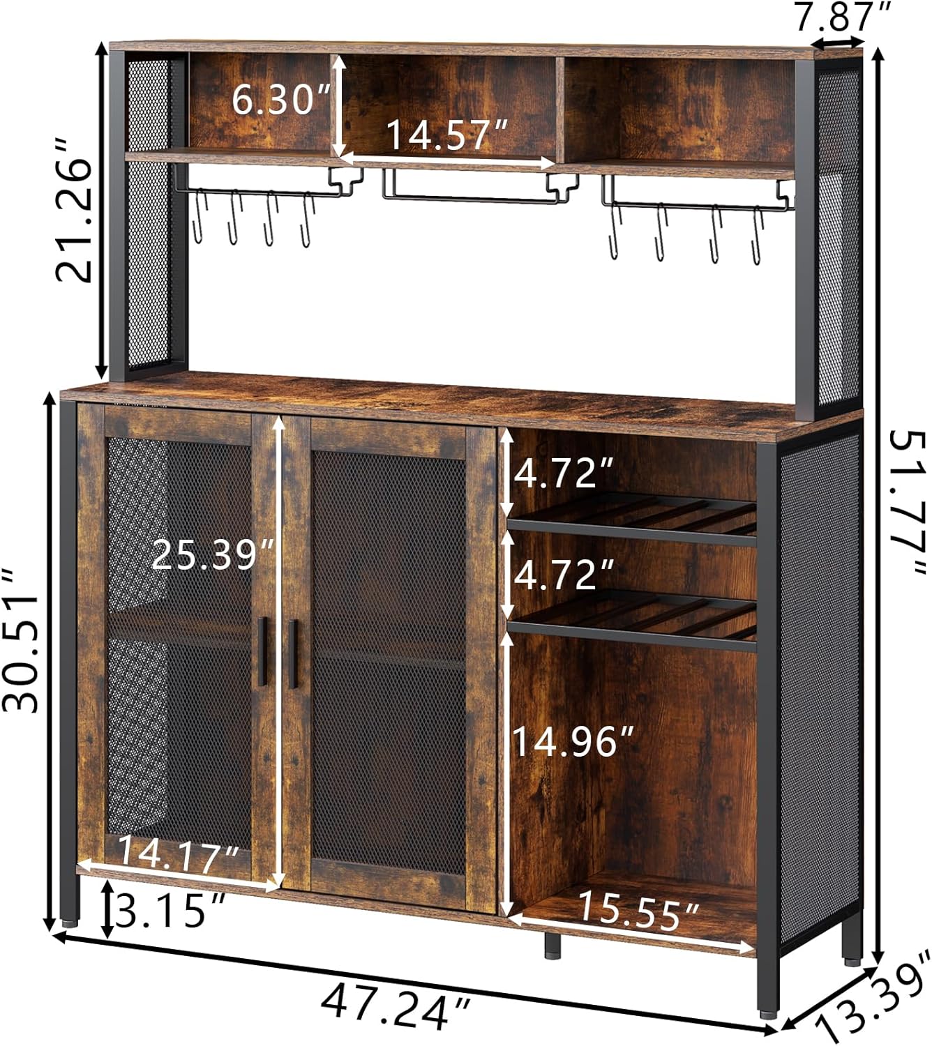 Loomie Wine Bar Cabinet with LED Lights, Industrial Coffee Bar with 3 Storage Compartments & Wine Rack &Glass Holder,Sideboard Buffet for Liquor and Glasses,Liquor Cabinet,Rustic Brown
