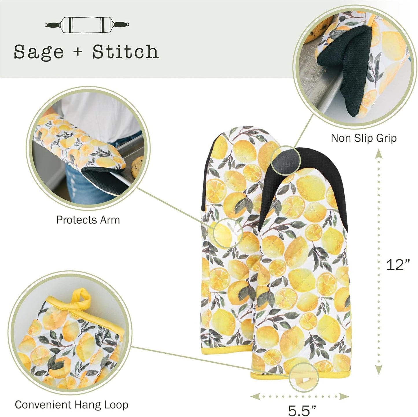 Heat Resistant Designer Kitchen Oven Mitts with Neoprene Non-Slip Grips and Hanging Loops | Set of 2 100% Cotton Long Sleeve Kitchen Oven Mitts | 5.5" x 12" | Yellow Lemons
