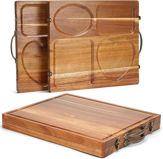 Double Side Acacia Wood Serving Tray, Serving Platters and Trays, Charcuterie Boards Wooden Tray with Vintage Metal Handles, Wooden Cutting Boards for Kitchen, Trays for Serving Food Serving Platter
