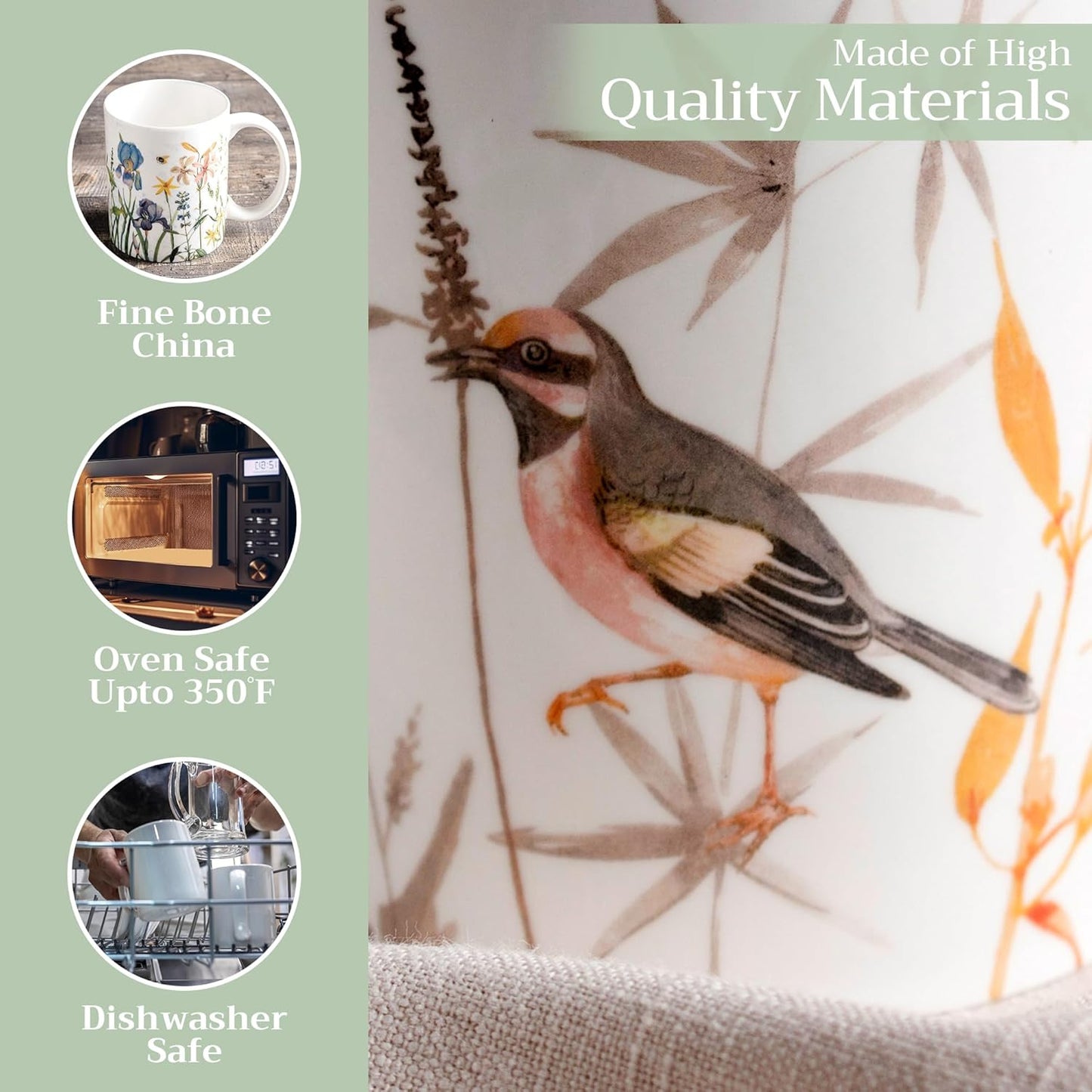 Maison d' Hermine Coffee Mug with Handles Fine Bone China Mugs Pack of Two Tea Cups for Hot Beverages Cappuccino Latte Home Restaurant Office Perfect for Gift (Meadow Florals, 12 Ounce)