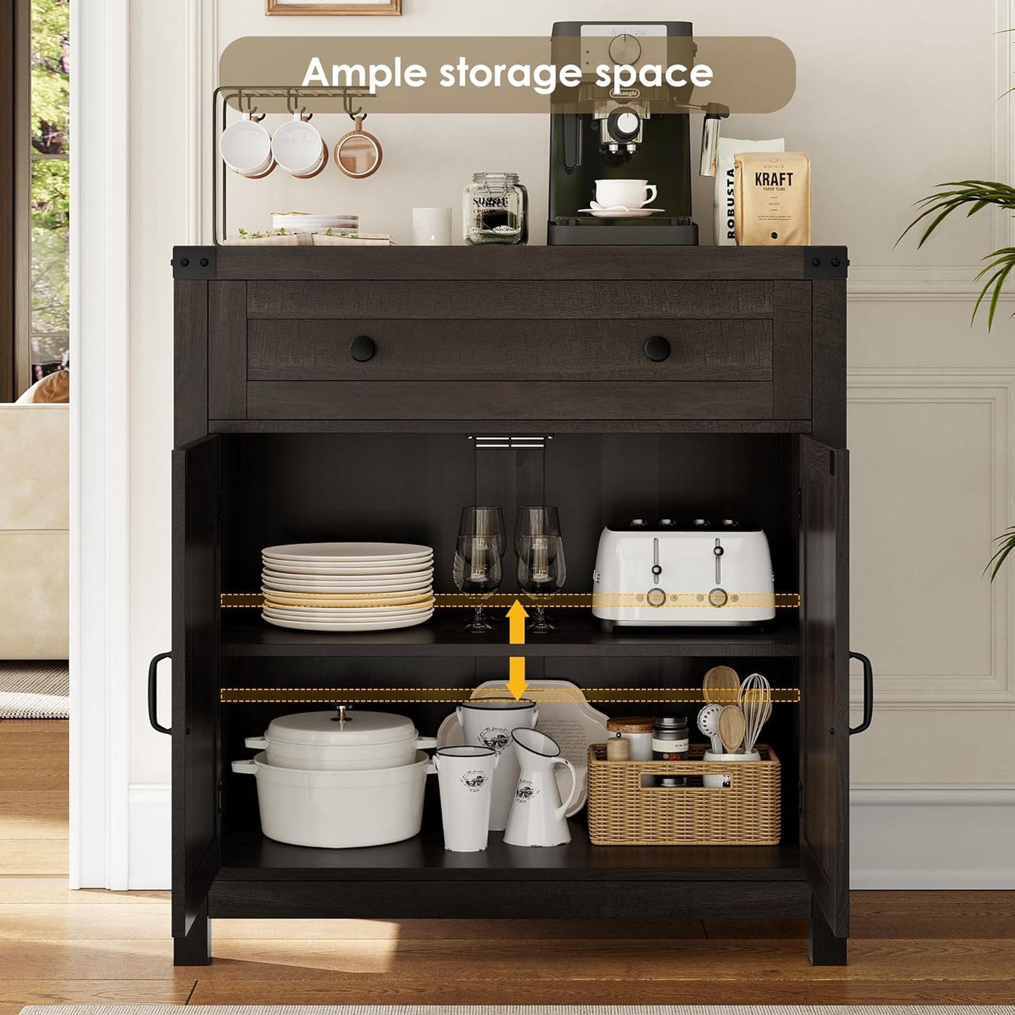 HOSTACK Coffee Bar Cabinet, Kitchen Storage Cabinet, Modern Farmhouse Buffet Sideboard with Drawer and Adjustable Shelf, Barn Door Accent Cabinets for Kitchen, Dining Room, Entryway, Dark Brown