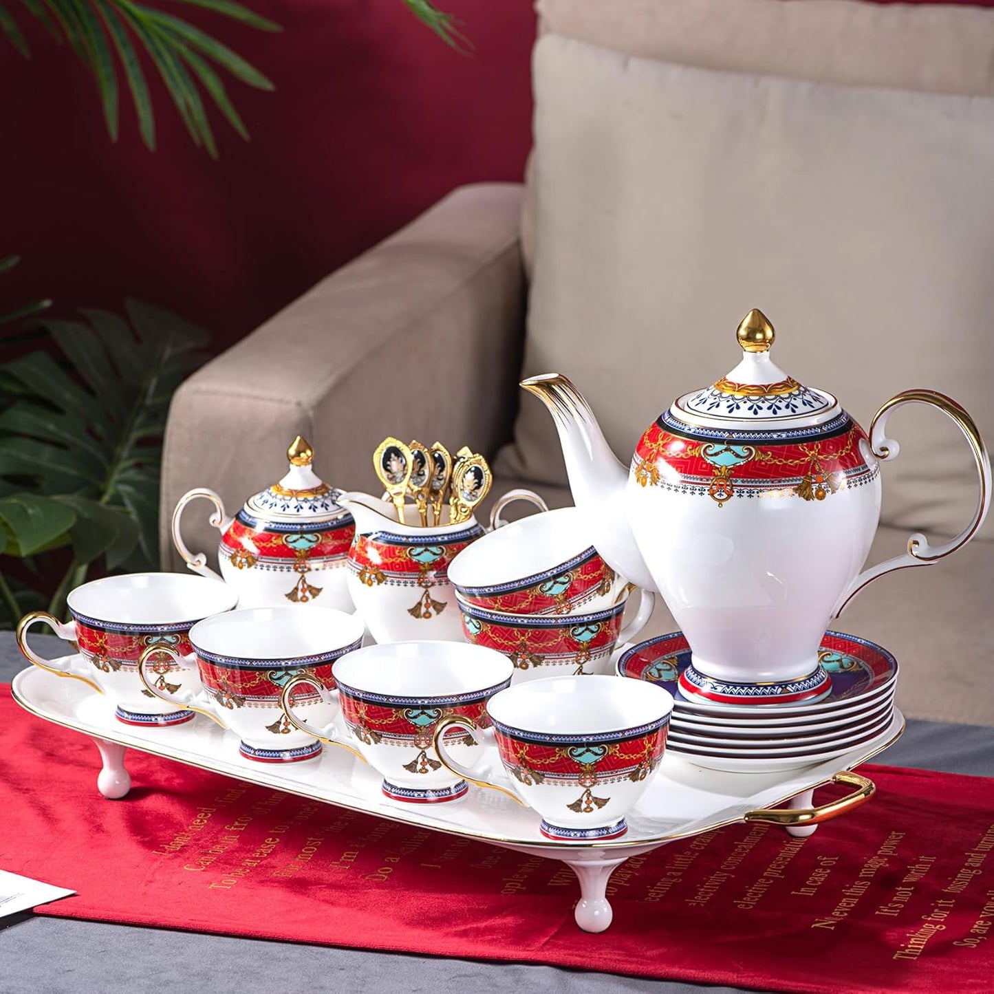 Euro Style Bone China Tea Set, Tea Sets For 6 Adults, Bone China Tea Cup Set With Teapot Spoons, Sugar Bowl, Creamer Pitcher, Tea Set for Women, Tea Party Set, Gift Package (21, Vienna)