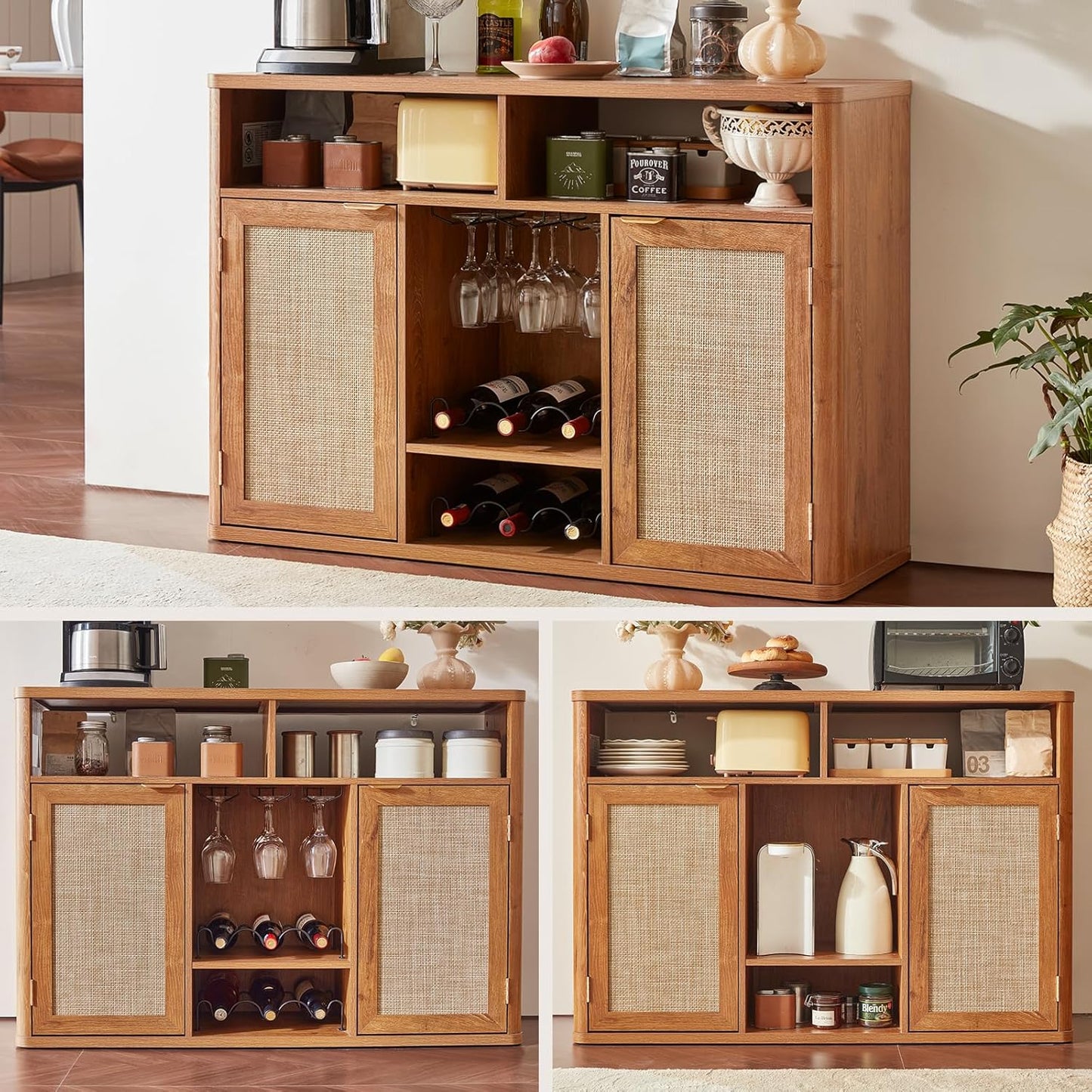 Lerliuo 47.2" Rattan Wine & Liquor Cabinet with 2 Doors, Boho Farmhouse Coffee Bar Station, Built-in Wine Racks & Storage, Adjustable Shelves for Living Room, Dining Room, Kitchen, Tea Brown