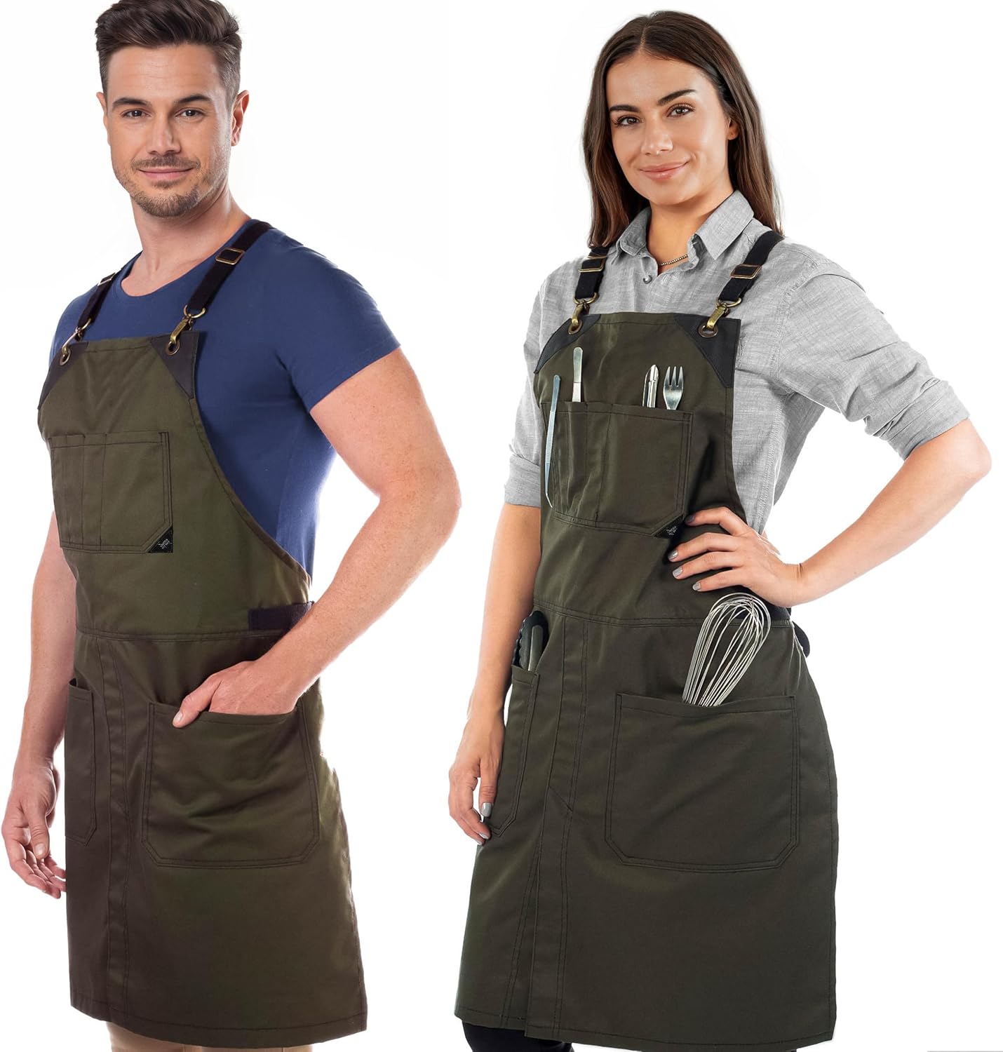 Under NY Sky Cross-Back Moss Green Apron – Durable Twill with Leather Reinforcement and Split-Leg – Adjustable for Men and Women – Pro Chef, Tattoo, Baker, Barista, Bartender, Stylist, Server Aprons