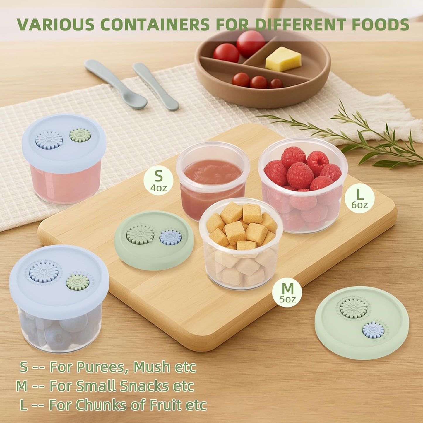 Silicone Baby Food Containers with Date-Tracking Lids, 6-Pack Reusable Snack Containers Food Storage Jars for Infants, Microwave, Dishwasher & Freezer Safe, 3 Sizes