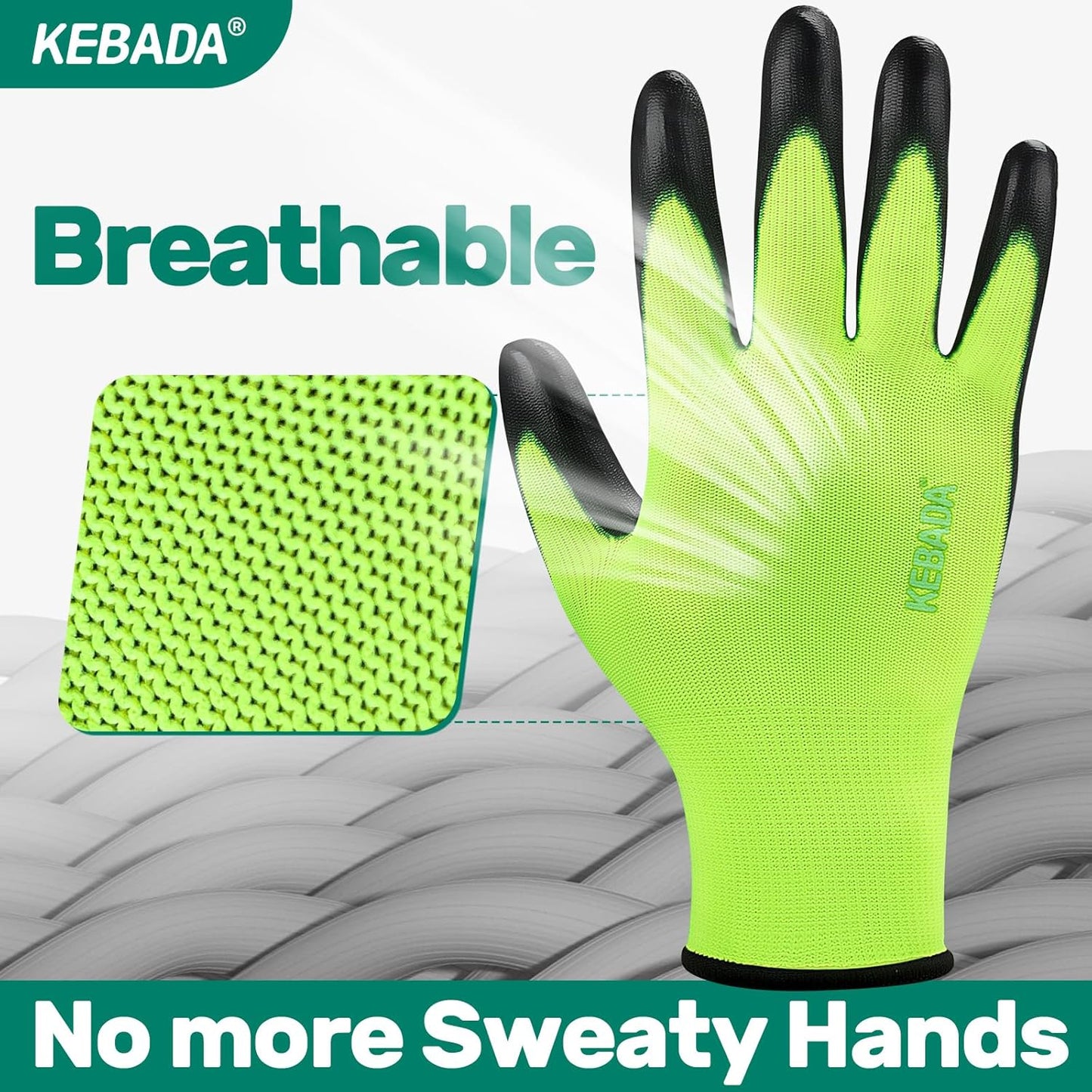 Kebada W1 Work Gloves for Men and Women, PU Coated Safety Gloves with Grip, Touchscreen, Ideal for Warehouse Package Handling, Construction, Gardening, Green Small