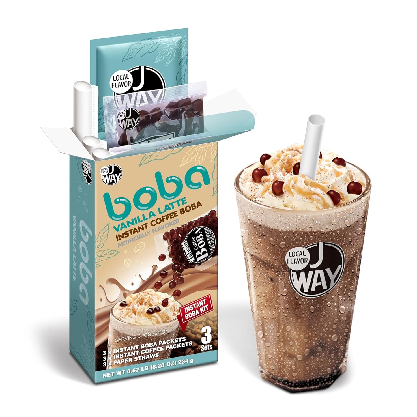 J WAY Instant Vanilla Latte Coffee Kit with Authentic Brown Sugar Tapioca Boba, Ready in Under One Minute, Paper Straws Included - 3 Servings