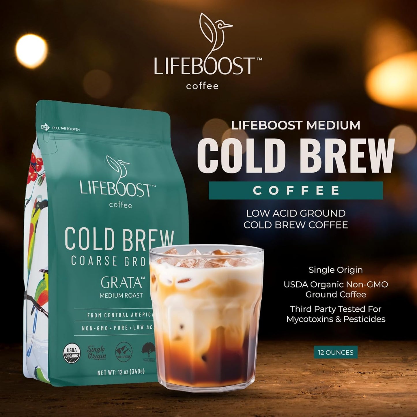 Lifeboost Low Acid Cold Brew Coffee – Organic Coarse Ground Medium Roast for Cold Brew – Single Origin, Non-GMO, 3rd Party Tested for Mycotoxins & Pesticides, USDA Organic – Smooth & Bold Flavor – 12 oz Bag