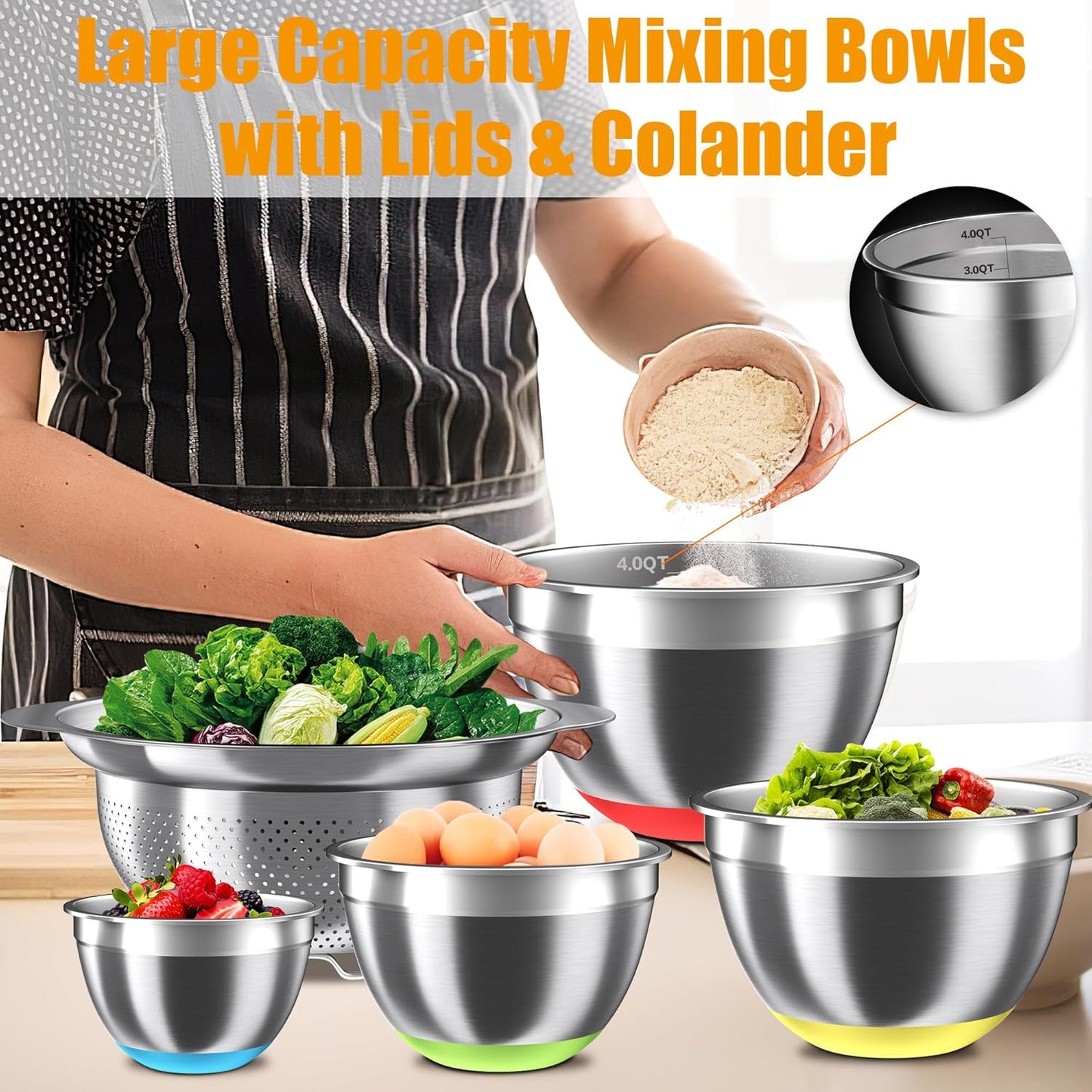 Mixing Bowls with Airtight Lids Set, 4 Stainless Steel Bowls Nesting Bowls & Colander, Kitchen Organizers and Storage Non-Slip Bottom, Size 1.5/2.0/2.5/4.5QT, Great for Mixing & Serving, Multicolor