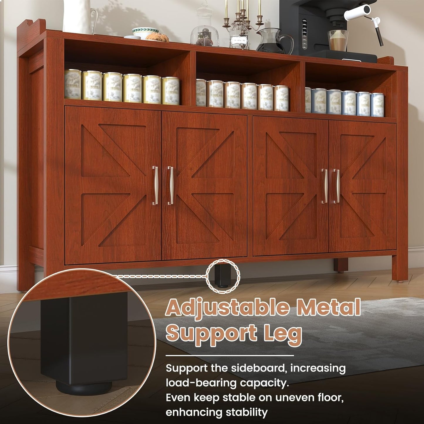 Buffet Cabinet with Storage Farmhouse with 4 Doors and 3 Open Compartments, 55'' Large Kitchen Storage Cabinet Cherry Wood Coffee Bar Buffet Sideboard for Kitchen, Dining Room, Living Room