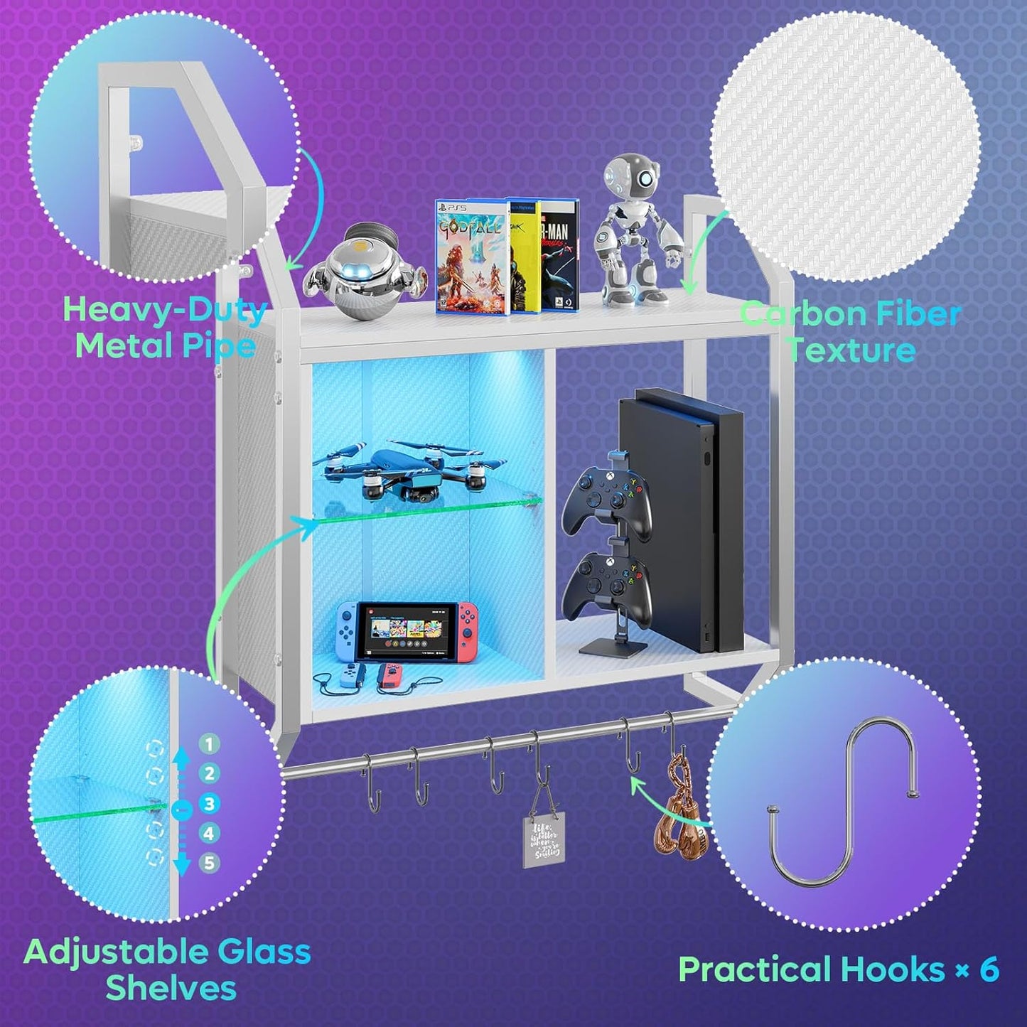 Bestier LED Gaming Floating Shelves for Wall, 25" Wall Mounted Shelf Pipe Adjustable Glass Shelves, White Hanging Display Rack with 6 S-Hooks Towel Bar, Gaming Bedroom Decor Shelf