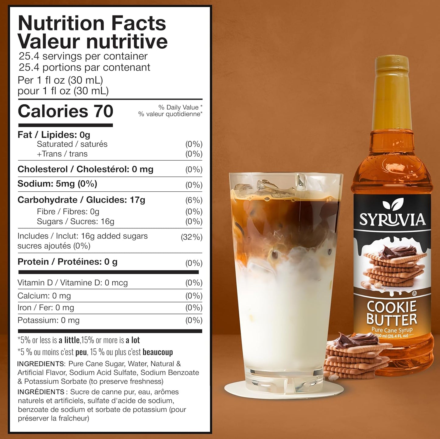 Syruvia Cookie Butter Coffee Syrup - 25.4 fl oz. Kosher and Gluten-Free. Ideal for Enhancing Drinks, Sodas, Shakes, Desserts, and More.