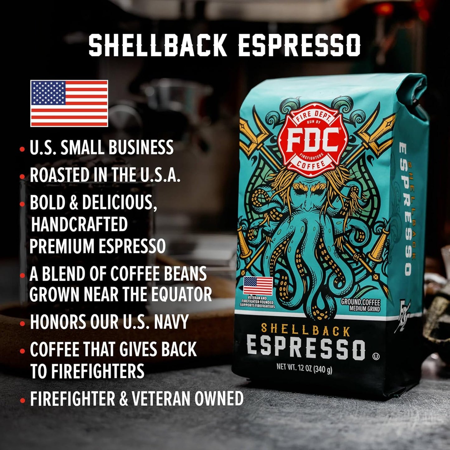 Fire Department Coffee - Gives Back to Firefighters - Shellback Espresso Ground Coffee - Bold & Smooth - Roasted in the USA - Dark Roast Espresso - Veteran Owned (12 oz, Pack of 2)
