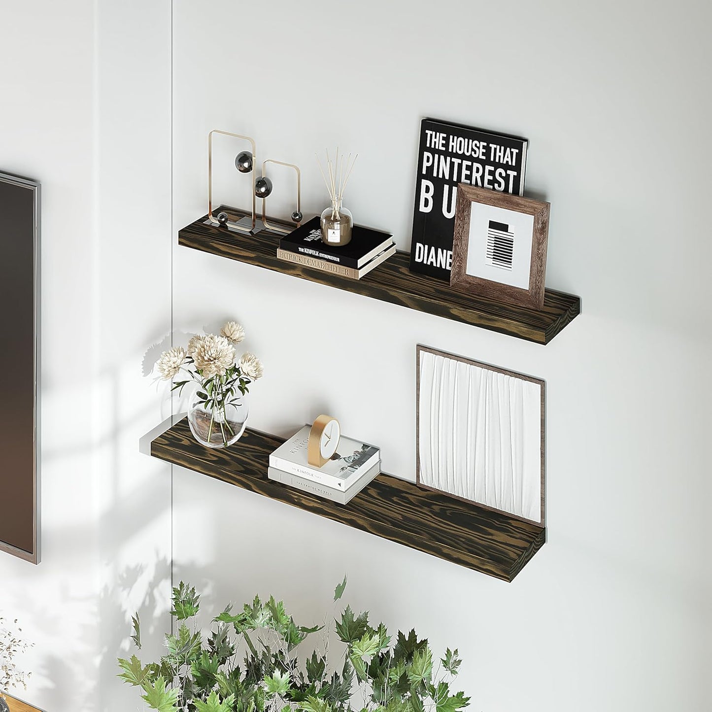 24'' Pine Wood Floating Shelves for Wall- Set of 2 - Rustic Wall Mounted Wooden Shelf for Stylish Home Décor (Dark Brown, 24x6.5x1.25), 2pcs