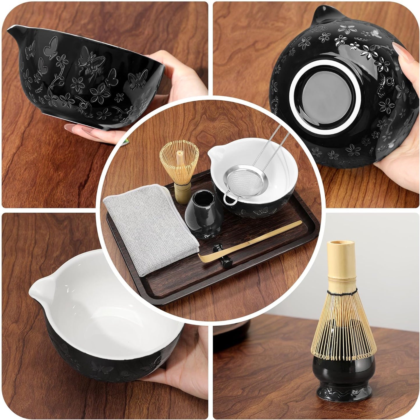 Matcha Whisk 7 PCS Matcha Whisk Set Ceramic Matcha Kit for Ceremony (Matcha Bowl, Bamboo Whisk and Holder), Matcha Tea Set for Making Breakfast/Latte Japanese Tea Tools for Ceremony Gift Black