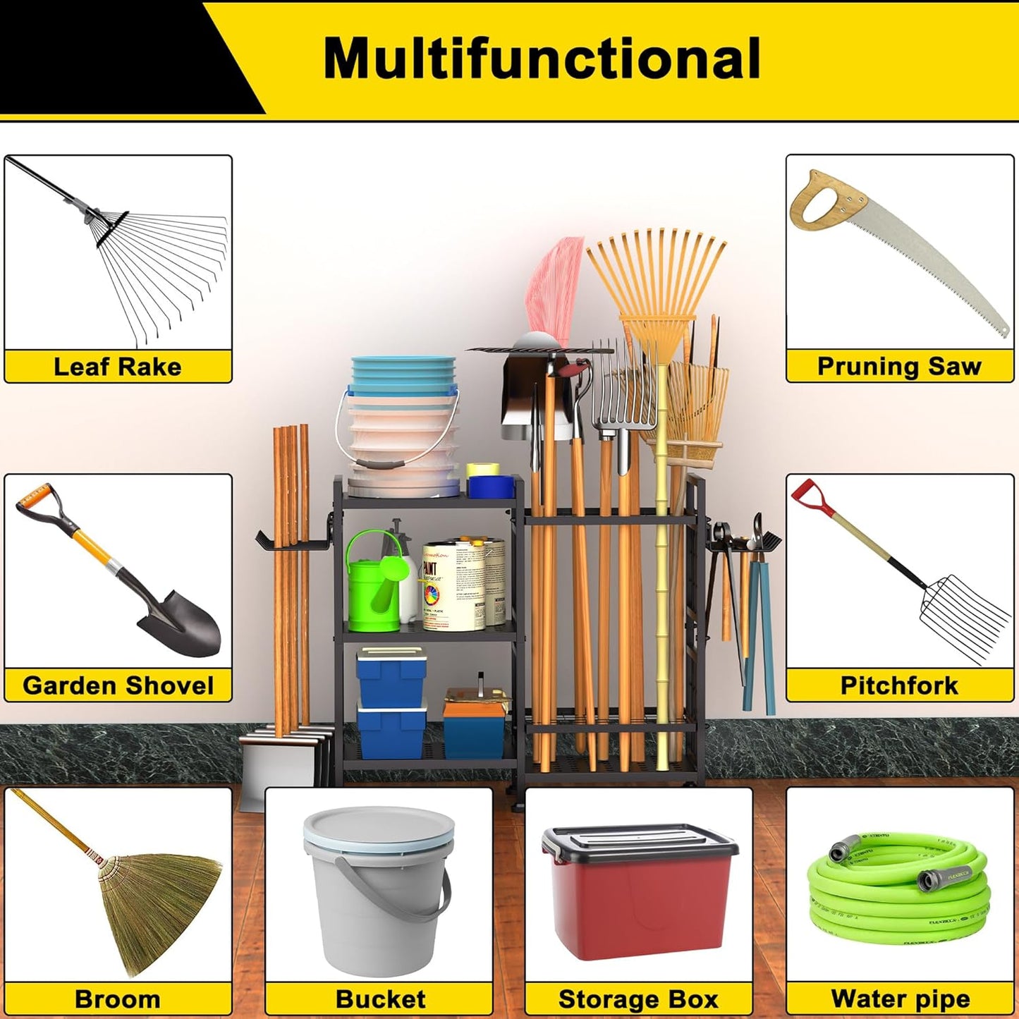 GIOTORENT 6 Tier Garden Tool Organizer, Garage Storage and Organization, Metal Yard Tools Storage Rack, Heavy Duty Garden Tool Organizer for Garage, Yard, Patio, Shed, Indoors and Outdoors, Black