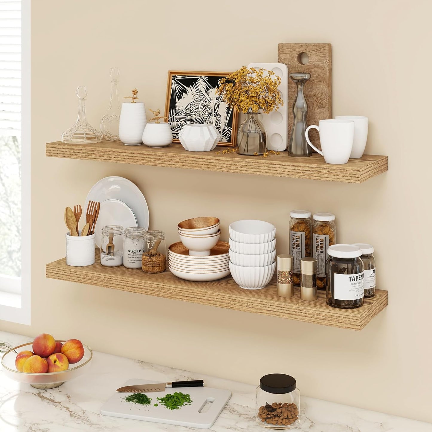 40 Inch Floating Shelves, 9.3" Deep Floating Shelf Wall Mounted, 40" Wall Shelves, Rustic Deep Bookshelf, Large Display Shelves & Storage Shelves for Bedroom, Living Room, Light Brown, Set of 2