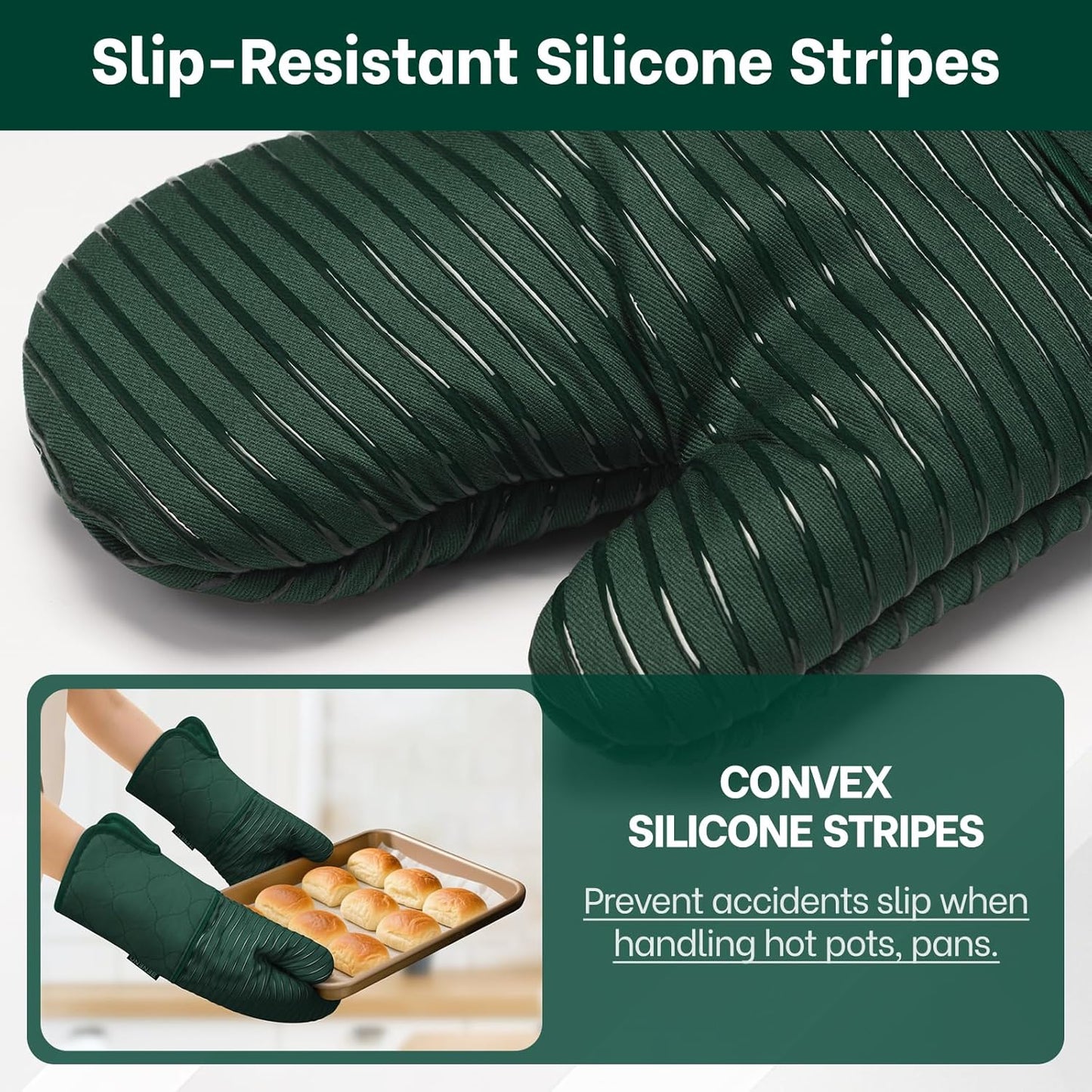 Beneno Kitchen Oven Mitts 2-Pack Heat Resistant to 500°F with Non-Slip Silicone Grip, Extra Long 14.3" Forearm Protection, Soft Quilted Cotton Terry Lining, Ideal for Cooking, Baking, Grilling, Green