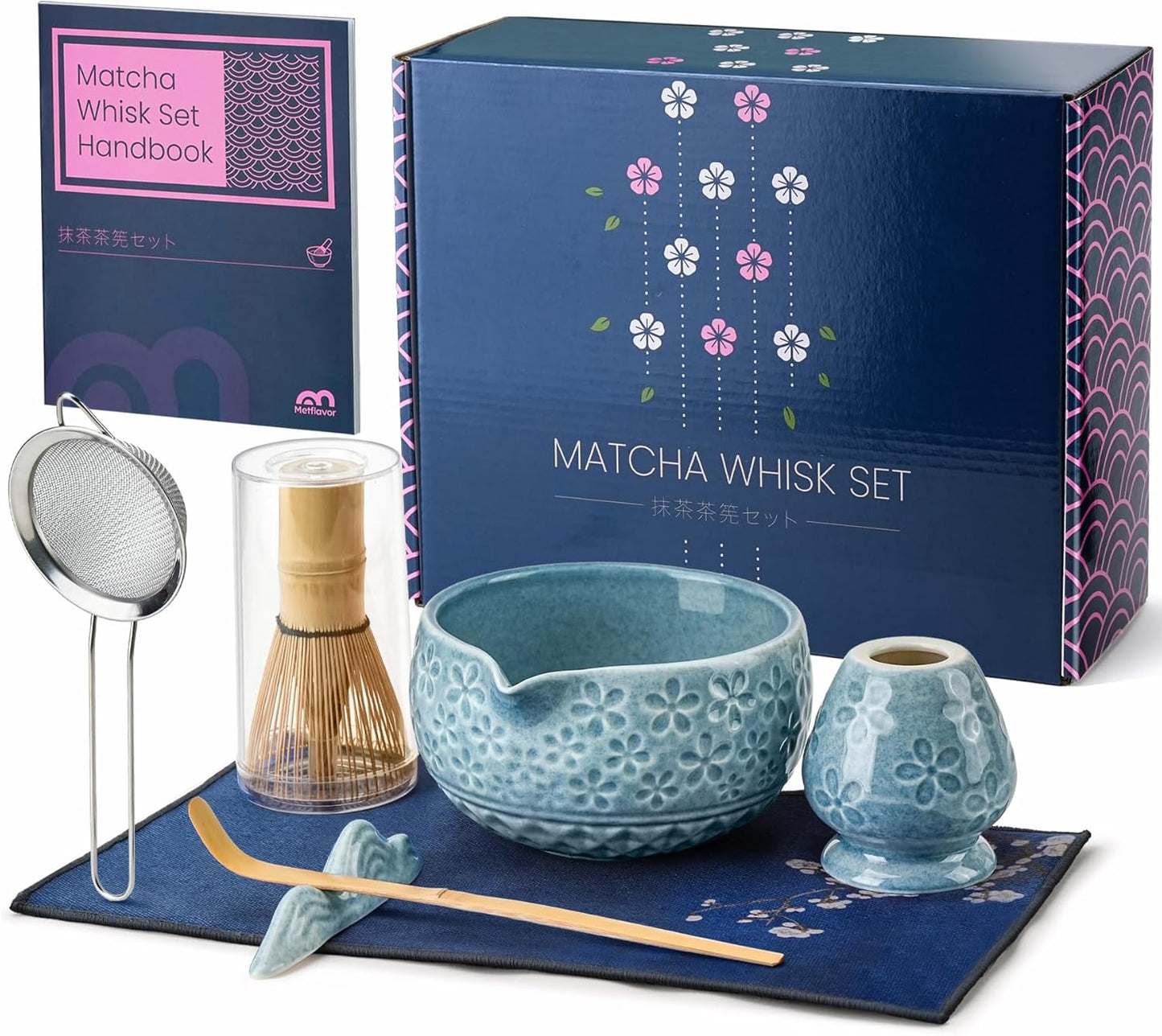 7Pcs Matcha Whisk Set, Ceramic Matcha Bowl with Spout,Bamboo Whisk and Holder, Bamboo Scoop,Scoop Rest,Sifter and Tea Towel,Matcha Kit w/Cherry Blossom Carved Pattern (Blue)