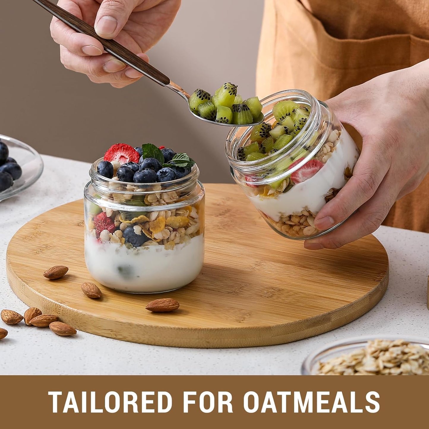 NETANY 4-pack 8oz Glass jars with Airtight Lids, Overnight Oats Containers with Bamboo Lids, Wide mouth Mason Salad jars, Glass Food Storage Containers for Snacks Yogurt Spice Sugar