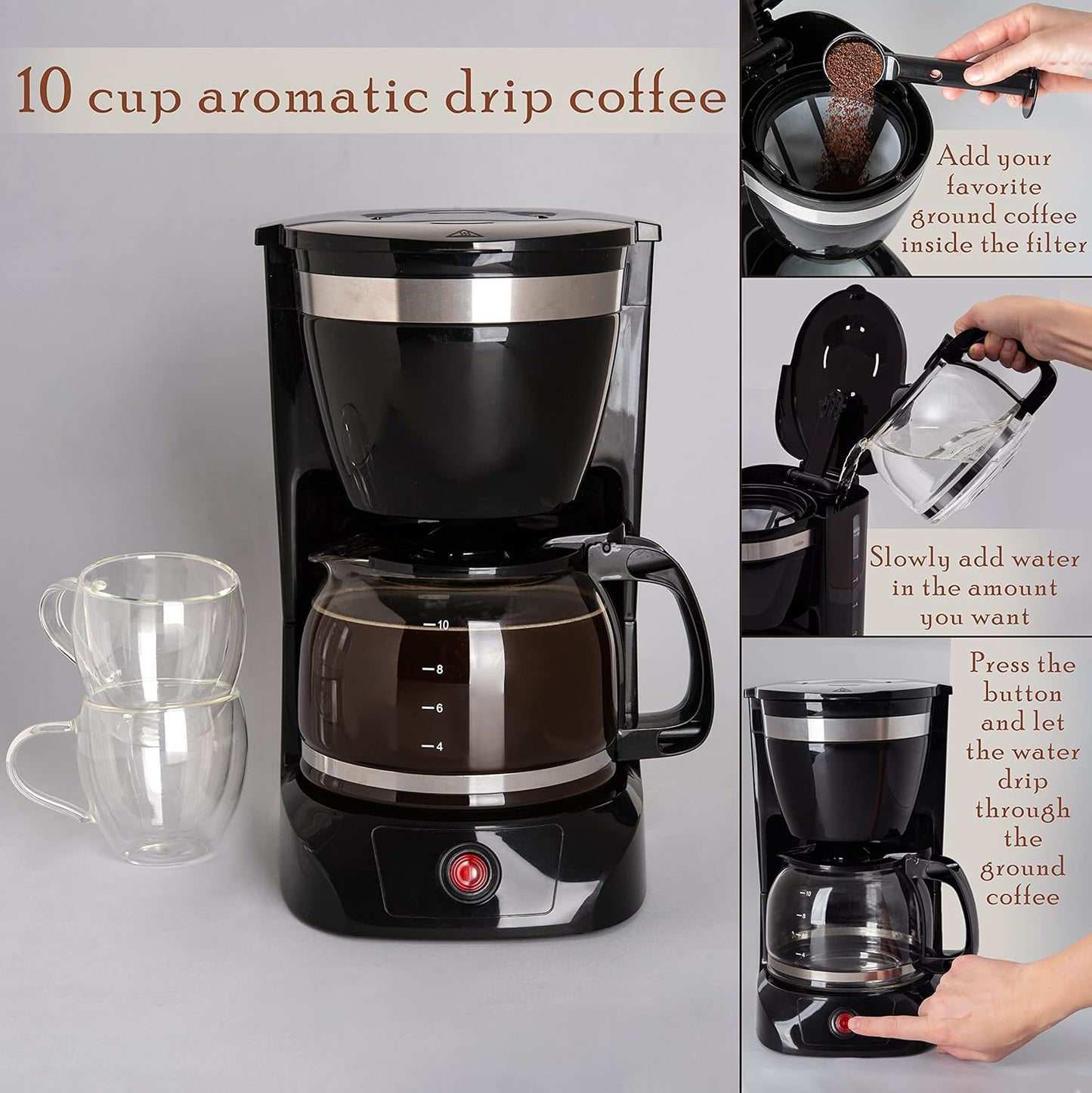 Mixpresso 10-Cup Drip Coffee Maker, Black Coffee Pot With Reusable Filter