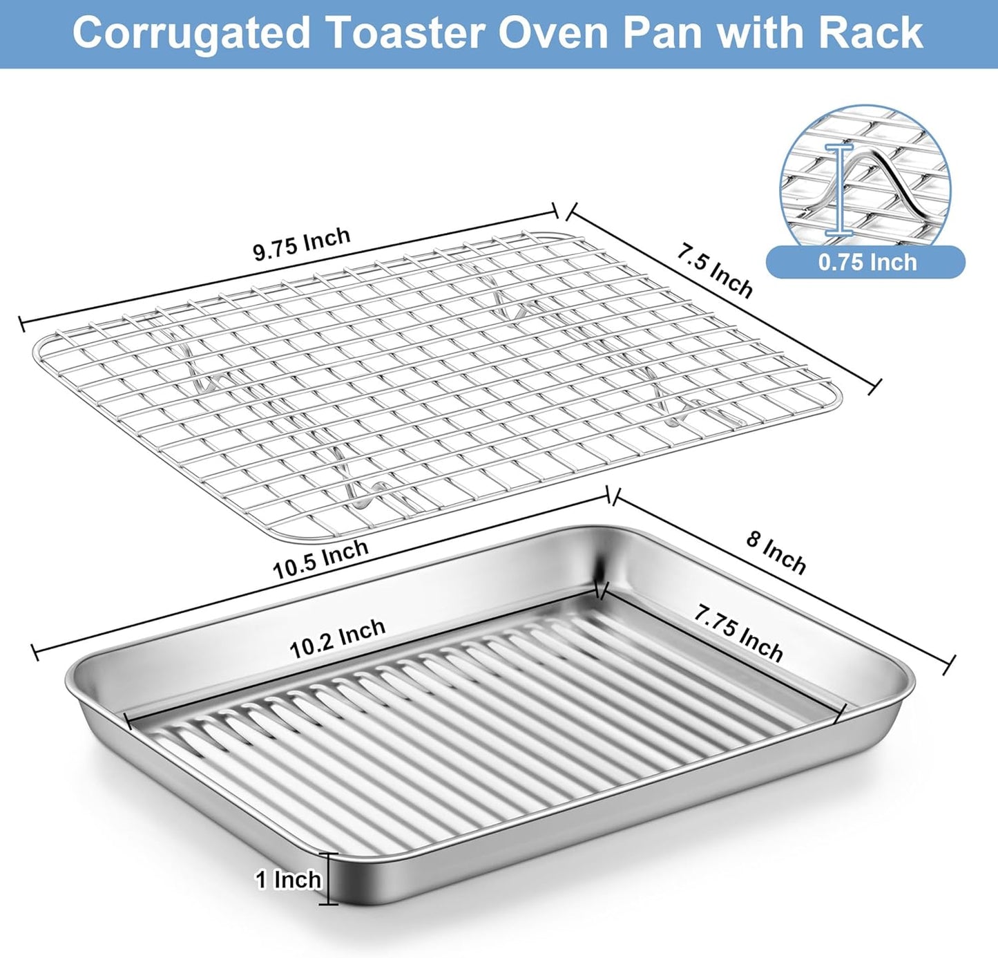 TeamFar 10.5'' Stainless Steel Compact Baking Pan Toaster Oven Tray with Cooling Rack, Corrugated Bottom & Grid Mesh Rack, Non-Toxic & Heavy-Duty