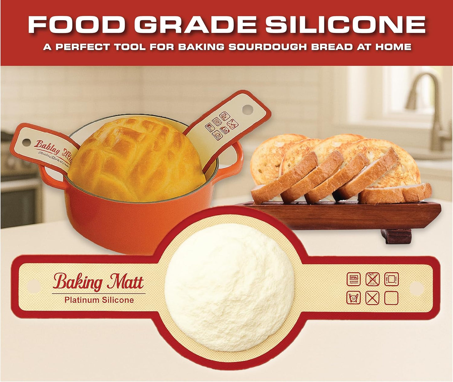 Silicone Sourdough Bread Sling – 2PCS NonStick Baking Mat for Dutch Oven, High Degree Reusable Dough Lifter Liner for Bread Proofing and Baking, Heat Resistant and Easy to Clean with Long Handle