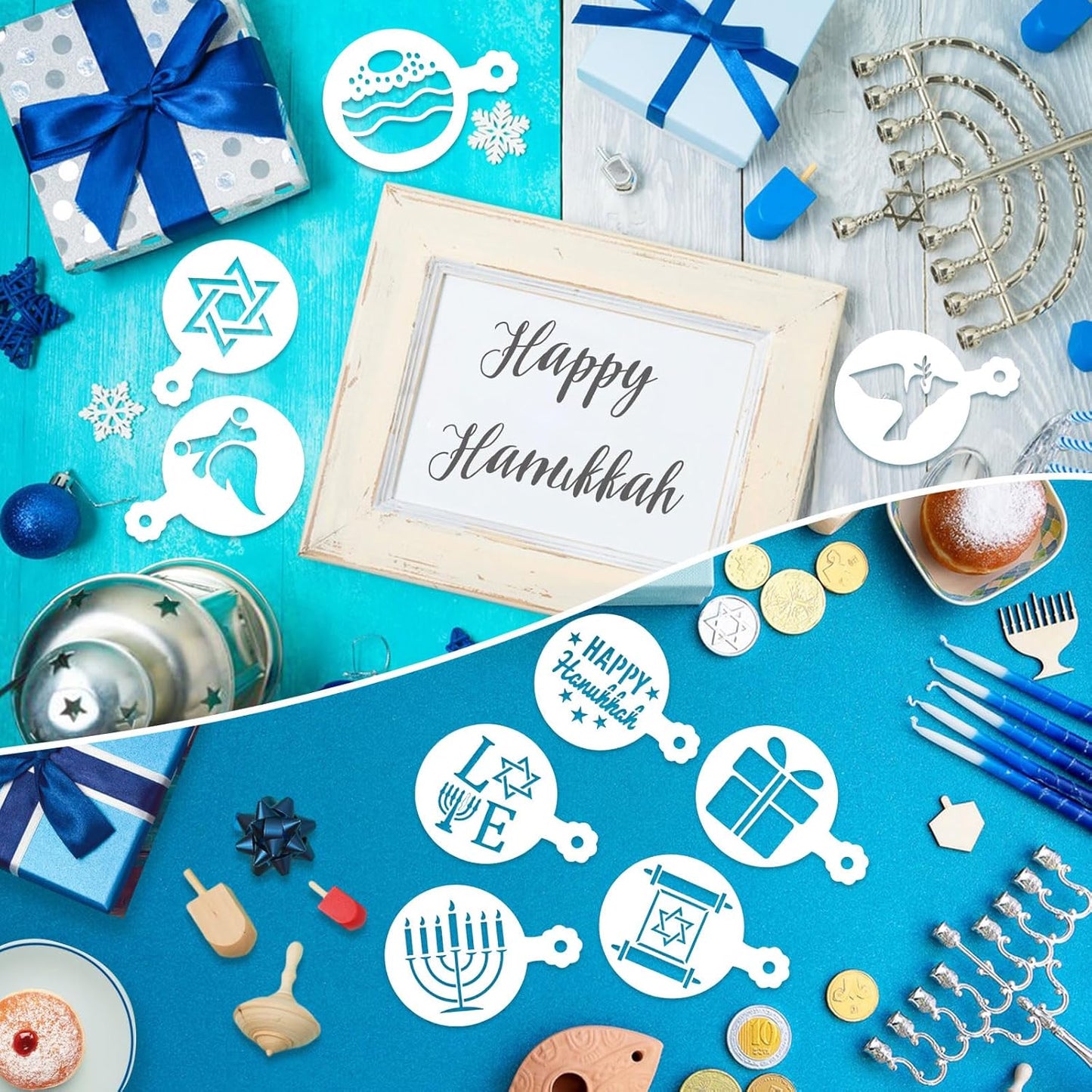 JULBEAR 36 Pcs Reusable Hanukkah Cake Cookie Stencils Dreidel Menorah for Cookies Coffee DIY Hanukkah Holiday Baking Painting Dessert Craft Decoration