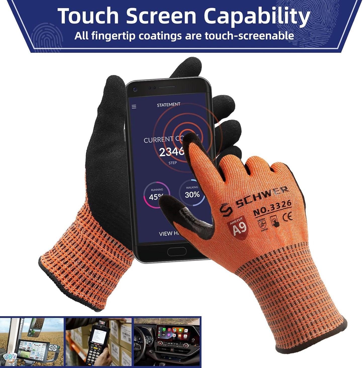 Schwer ProGuard Highest Level Cut Resistant Work Gloves PR3326 for Extreme Protection, ANSI A9 Cut Gloves with Reinforced Thumb, Non Slip, Breathable, Cooling, Durable, Touch-screen, Orange 2 Pairs（S）