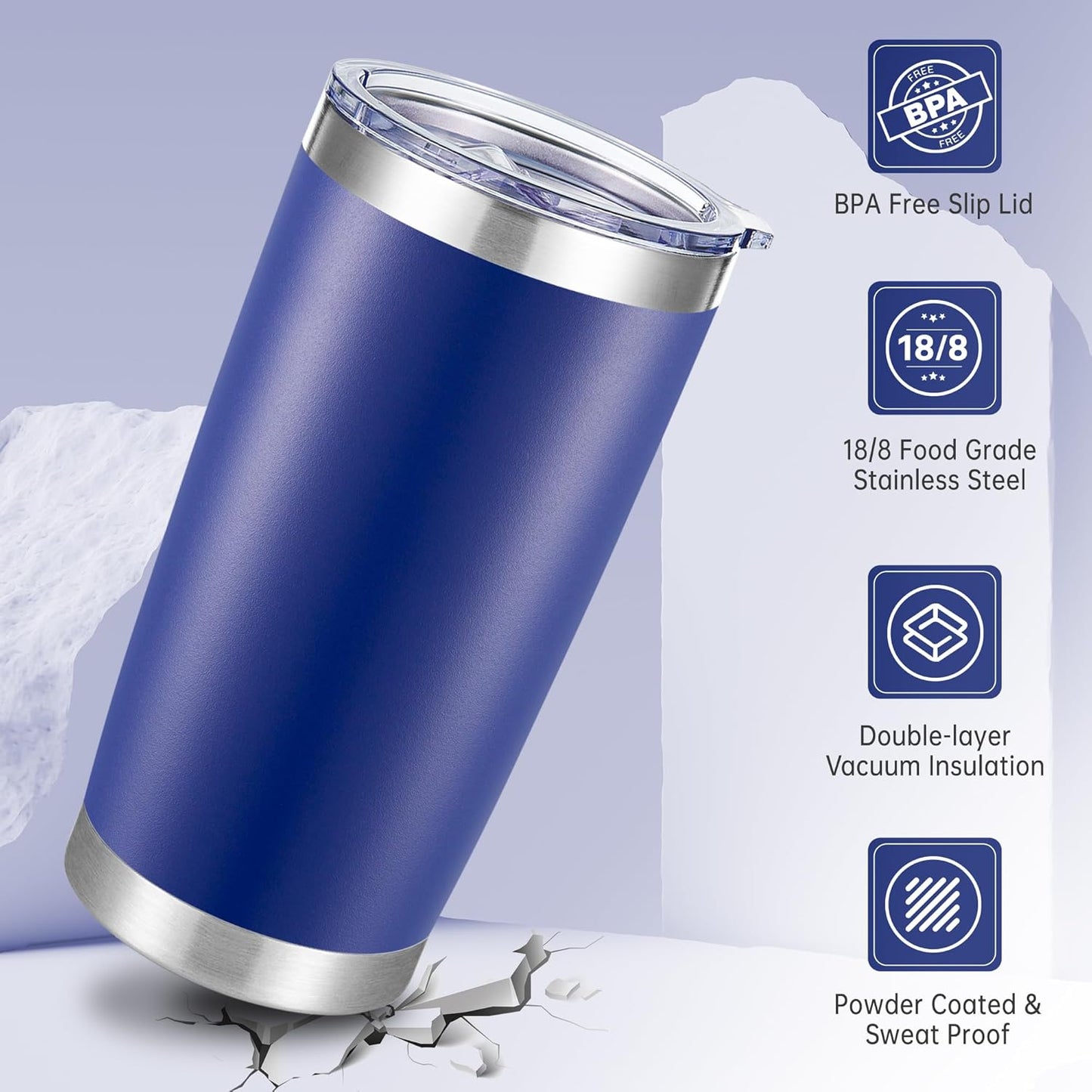 20 oz Tumblers Bulk Stainless Steel Tumbler with Lid Double Wall Vacuum Insulated Coffee Mug 20oz Powder Coated Cup for Hot and Cold Drinks, Blue, 6 pack
