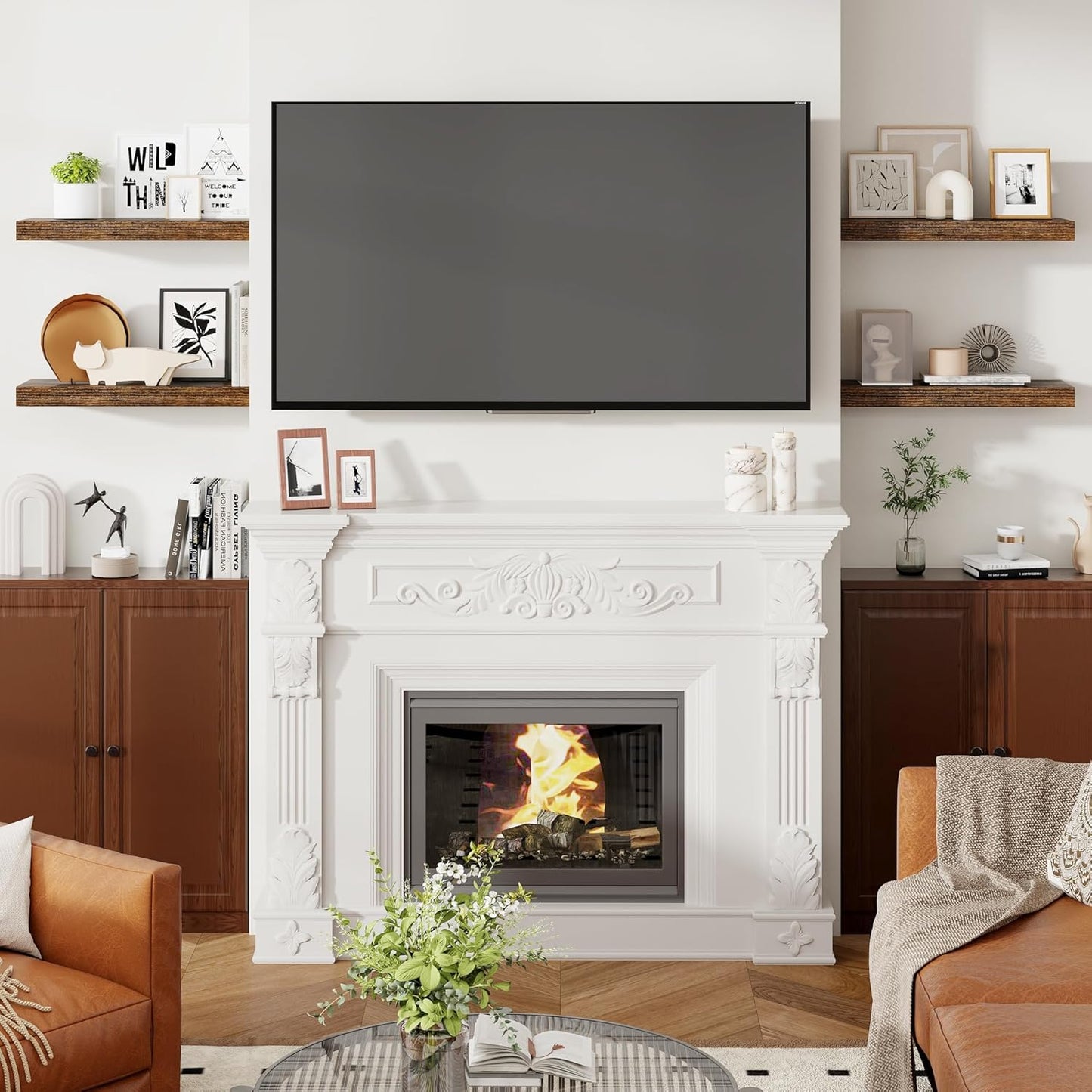 Heimlove 24 Inch Floating Shelves for Wall Rustic Brown Shelves Set of 2,Wall Mounted Rustic Wood 8 Inch Deep Floating Shelf with Invisible Brackets for Bedroom Kitchen Living Room