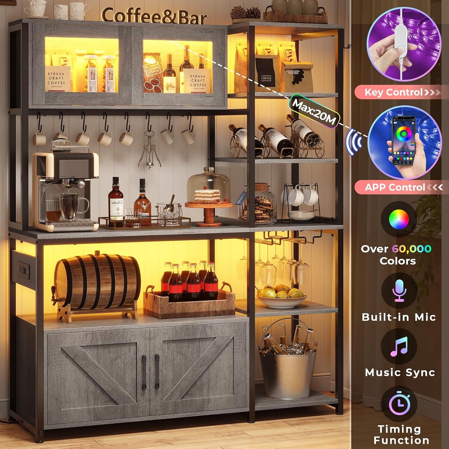 Itaar Bakers Rack with Power Outlet and LED Light, 45.3 Inch Farmhouse Coffee Bar Cabinet, Kitchen Microwave Stand with Storage, Glass Cabinet, Goblet Holder and 8 Hooks (Grey)