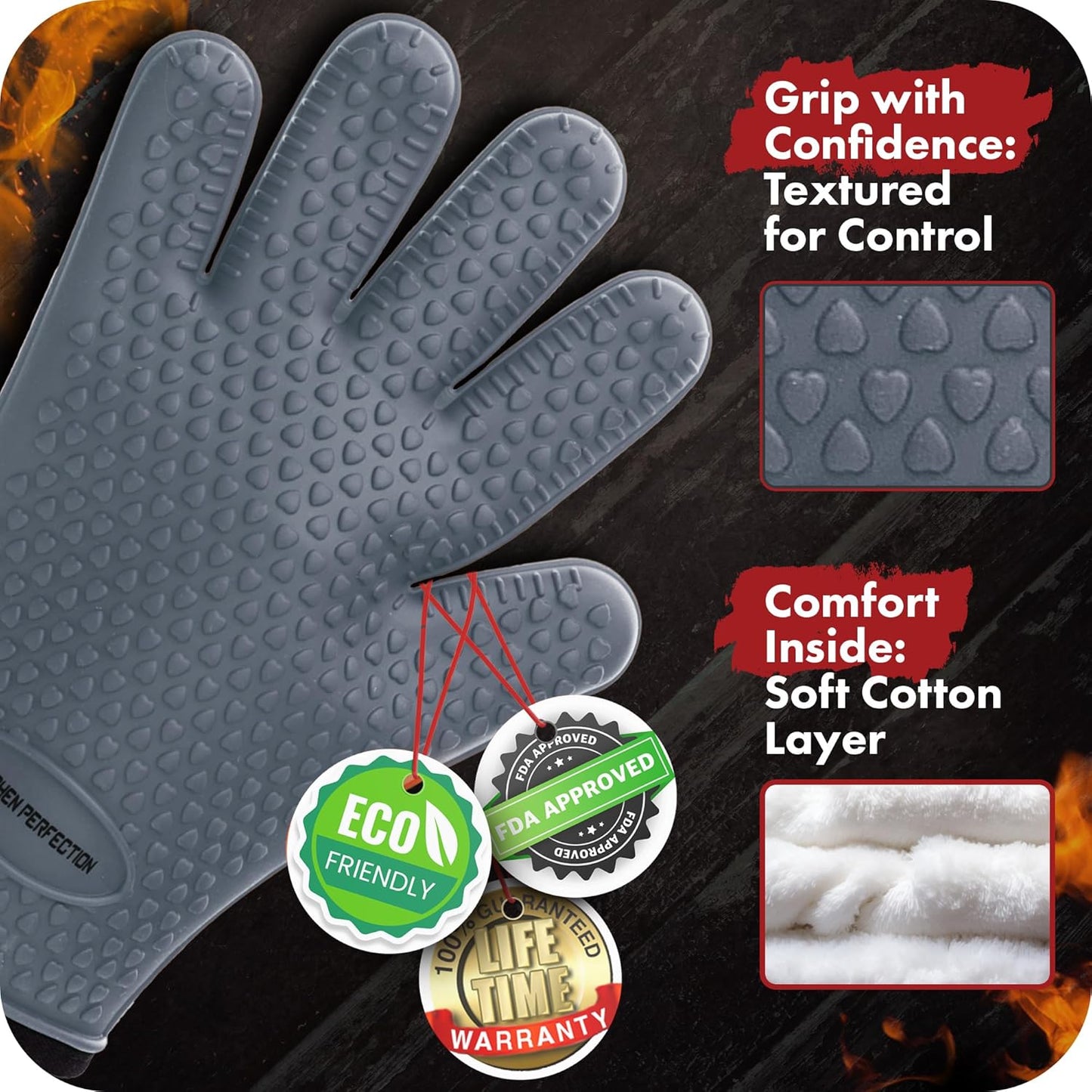 KITCHEN PERFECTION S Silicone Smoker Oven Gloves for Women -Extreme Heat Resistant BBQ Gloves -Handle Hot Food Right on Your Grill Fryer |Waterproof Oven Mitts Cooking Gloves |Superior Set+3 Bonuses