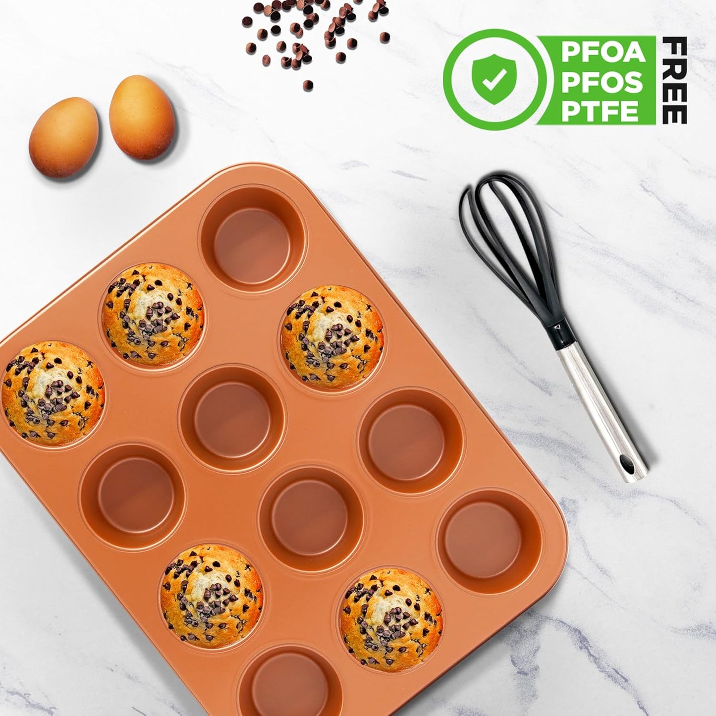 NutriChef 12-cup Copper Oven Muffin Pan, Non-Stick Coated Layer Surface, Even Heating Muffin Tray for Muffins, Cupcakes, Pastries & Mini Pies, Used for Model Number NCBSCC54