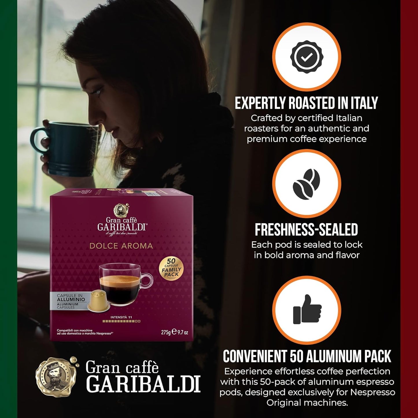 Gran Caffè Garibaldi Espresso Pods, Italian Roasted Coffee, Compatible Nespresso Original Line Machines, Nitrogen Flushed, Intense Aroma, Full-Bodied Crema - Dolce Aroma 200 Aluminum Cups
