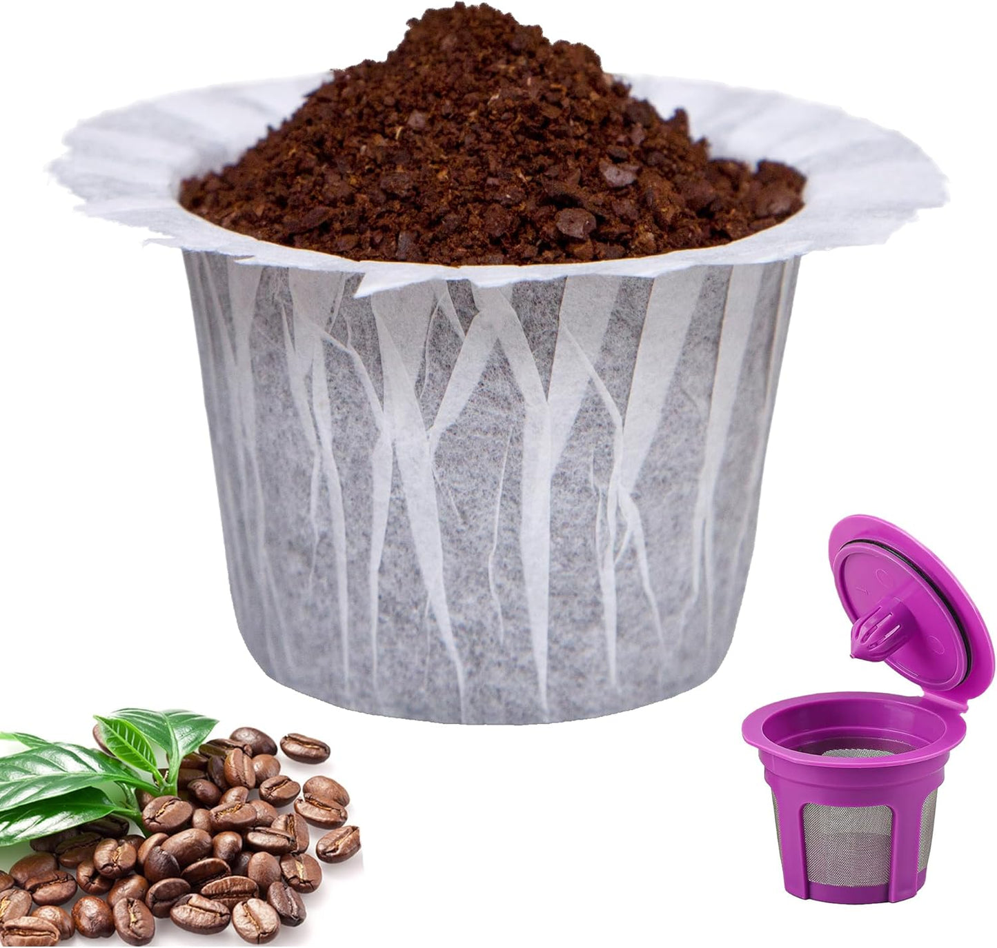 Reusable K Cup with Paper Coffee Filters 300 Count Coffee Paper Filters （One Kcup Included) Compatible with Keurig Single Serve 1.0 and 2.0, Fits All Brands K Cup Filter,300 Count & 1 Reusable K Cup